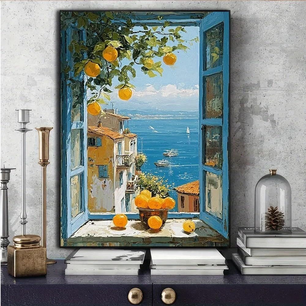 LTjiajuypd Canvas Prints Window View Of The Sea With Lemon Trees Hallway Office Bar Cafe And Restaurant(35x50cm)