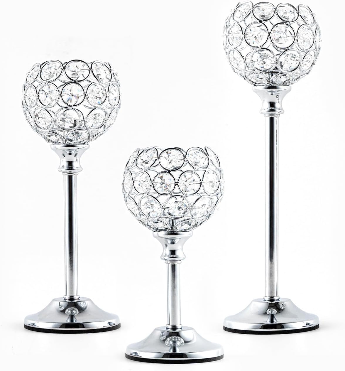 VINCIGANT Silver Crystal Candle Holders Set of 3,Pillar Candlesticks
