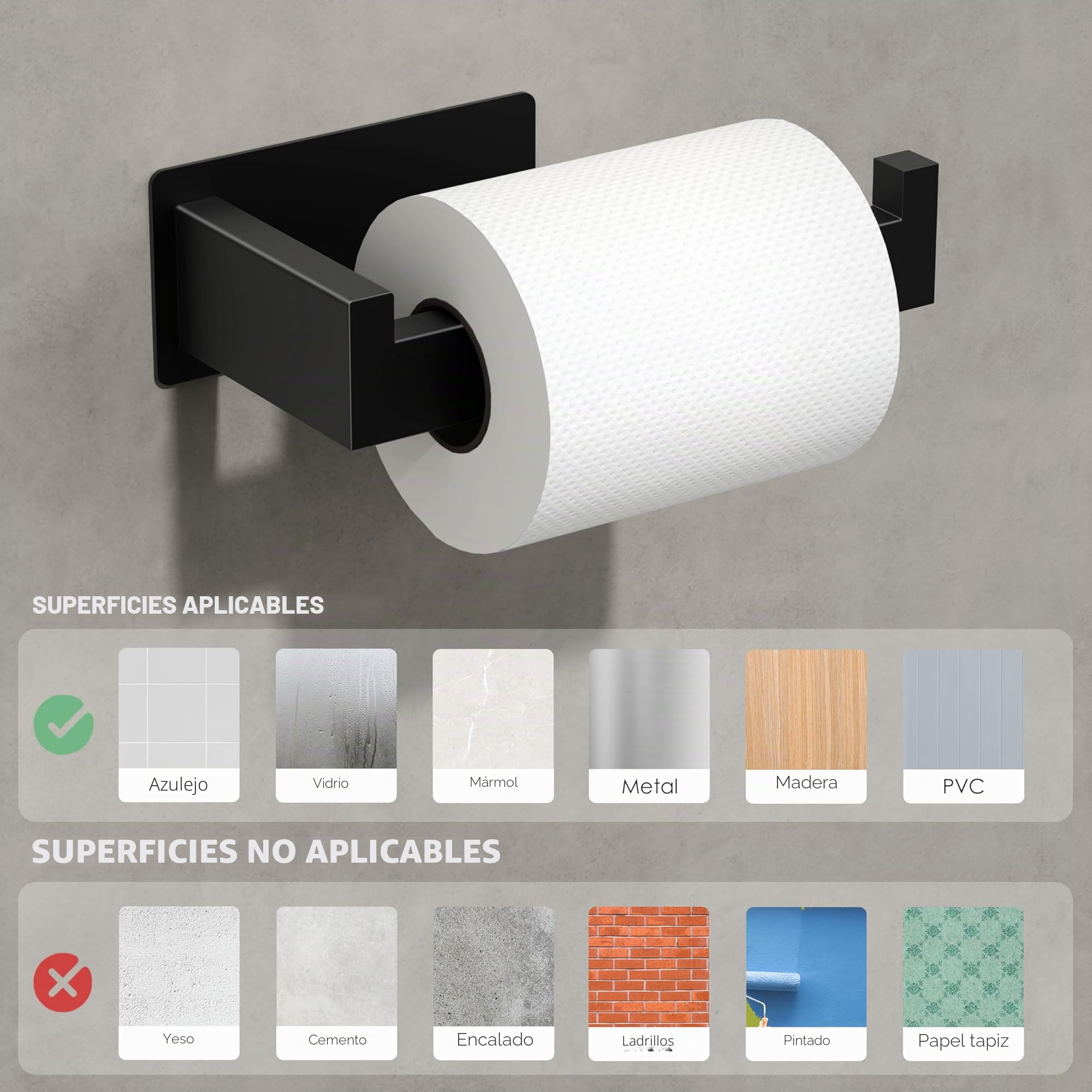 Auxmir Portarrollos Papel Higienico 2 Piezas Acero Inoxidable Baño Adhesivo, Fácil Instalación Soporte sin Taladro Autoadhesivo, Negro