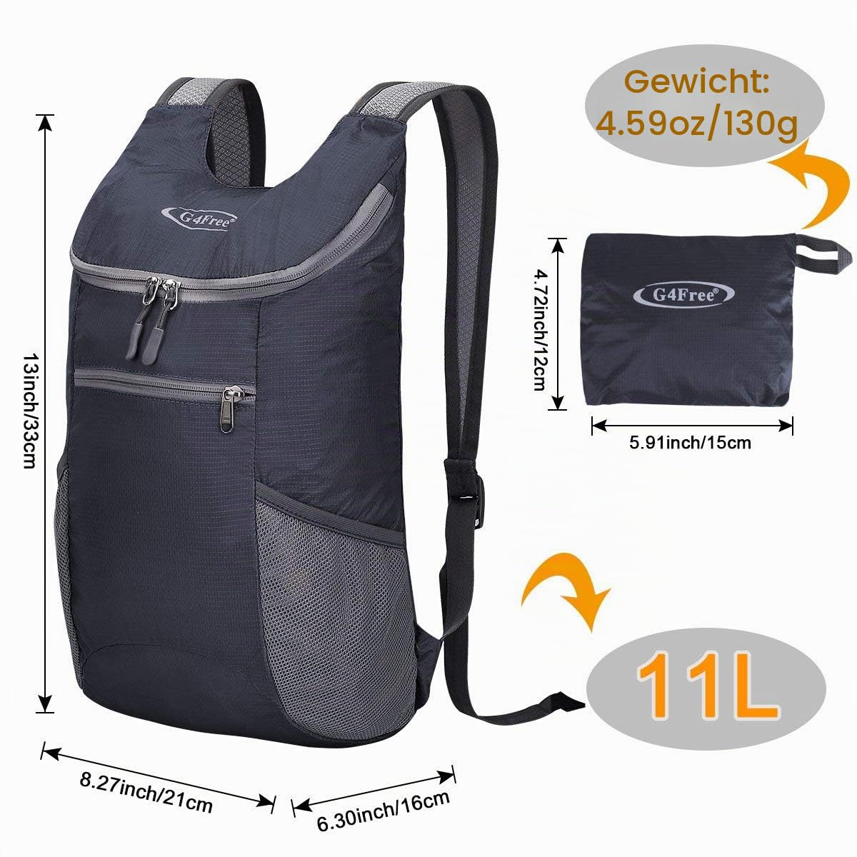 G4Free Ultraleichter 11 l kleiner faltbarer Rucksack für Reisen, Wandern, Radfahren, Wandern oder Mehrzweck-Rucksack für Damen und Herren