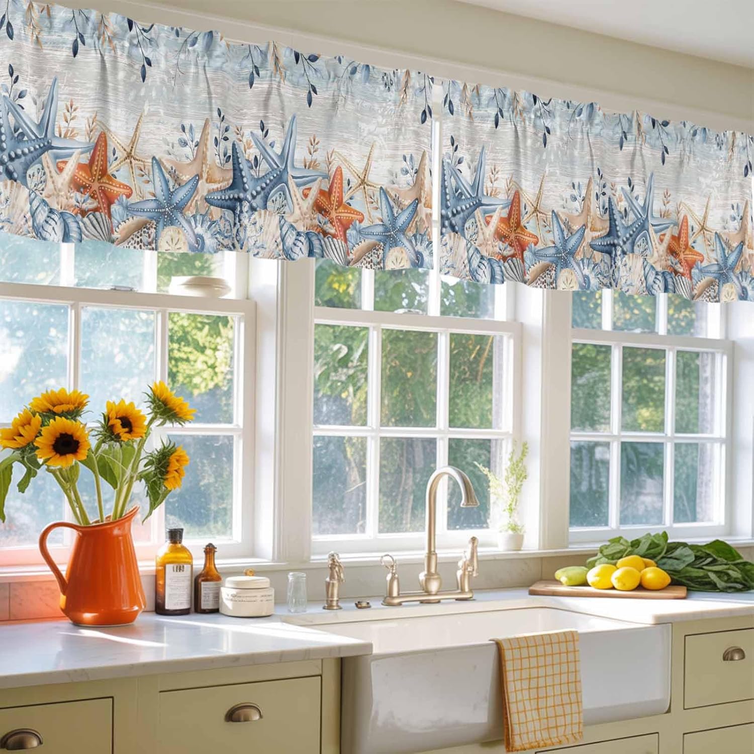 2 Pack Blue Coastal Valances for Window, Summer Beach Starfish Short Curtains for Kitchen Bedroom Living Room, Weeping Eucalyptus Vintage Rod Pocket Small Window Treatment Valance Drapes 60 x 18 Inch