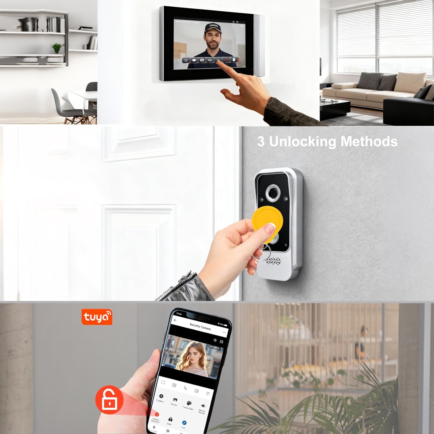 Tuya App interface showing security camera feed and unlock options