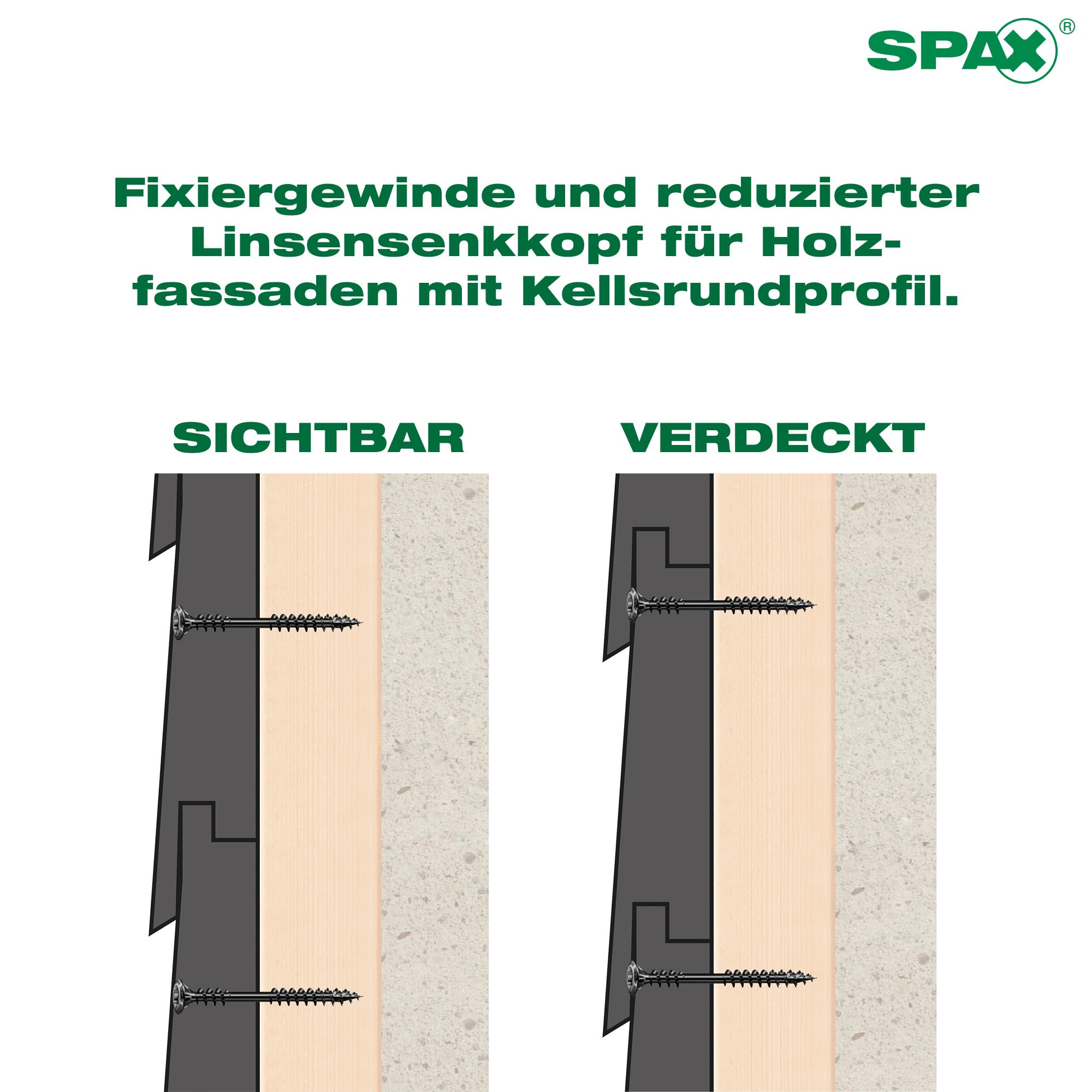 SPAX Śruba fasadowa 4,5 x 50 mm, 100 sztuk, stal nierdzewna A2 BLAX, gwint mocujący, T-STAR plus T20, łeb wpuszczany soczewki, 4CUT – 25470404505022