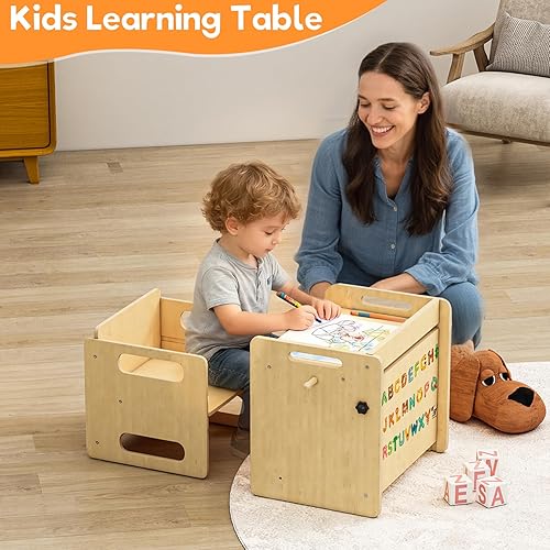 Miniatura 8 de Acenova Montessori - Juego de mesa de destete y silla, mesa de madera para niños pequeños con gancho, muebles Montessori para leer, aperitivos,