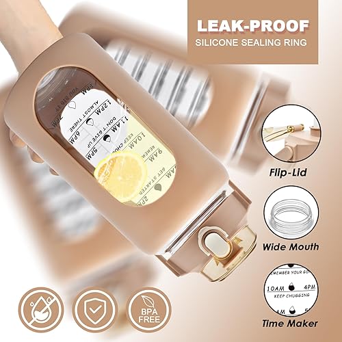 Miniatura 5 de Botella de agua de vidrio de 60 onzas con marcador de tiempo, botellas de agua motivacionales grandes de 57.5 fl oz con asa y funda de silicona,