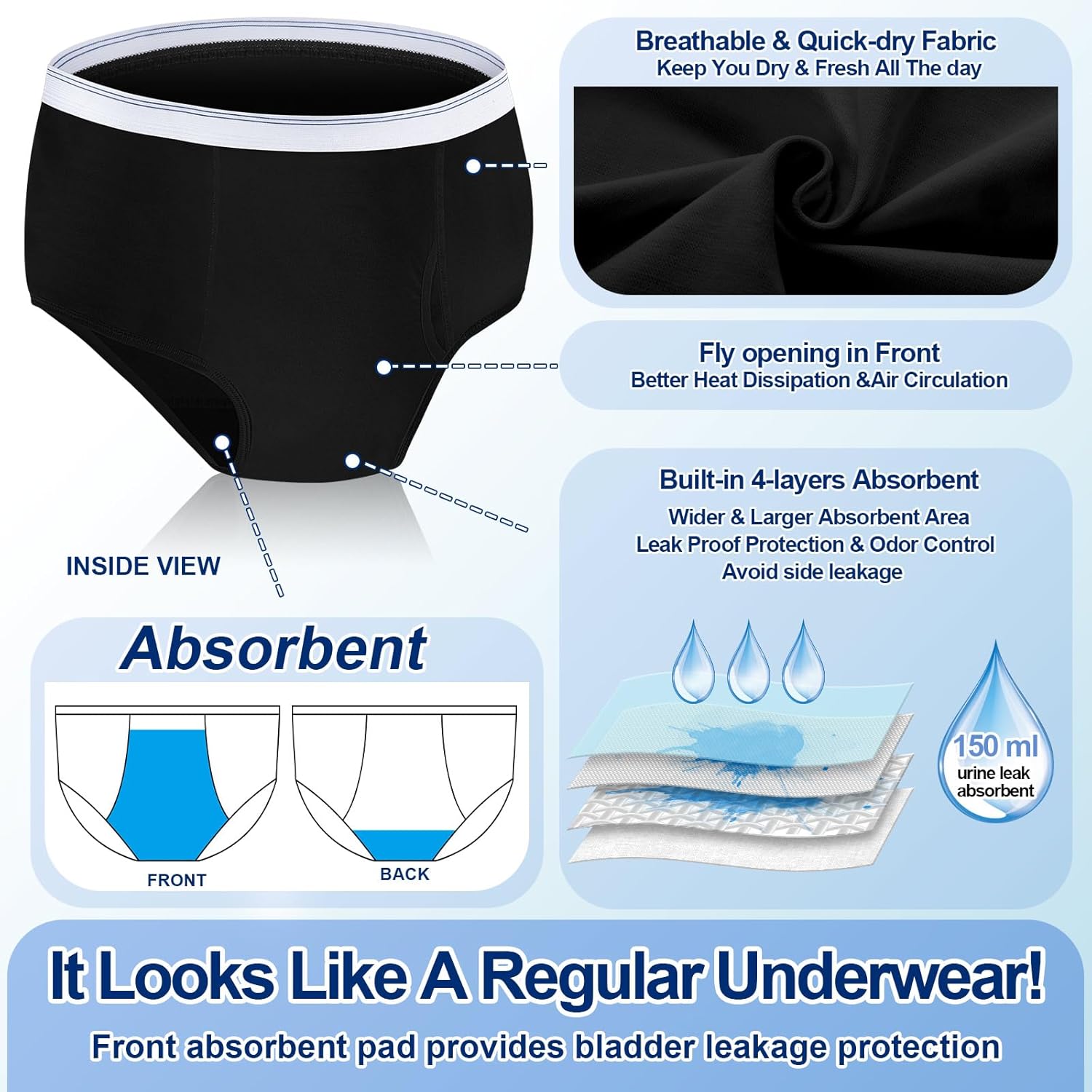 Blosssound 6 Pack Men's Incontinence Underwears Reusable Washable Leak Proof Underwears Protection Incontinence Briefs Men Bladder Control with Regular Absorbency for 150ml(Black,Medium) - Image 7