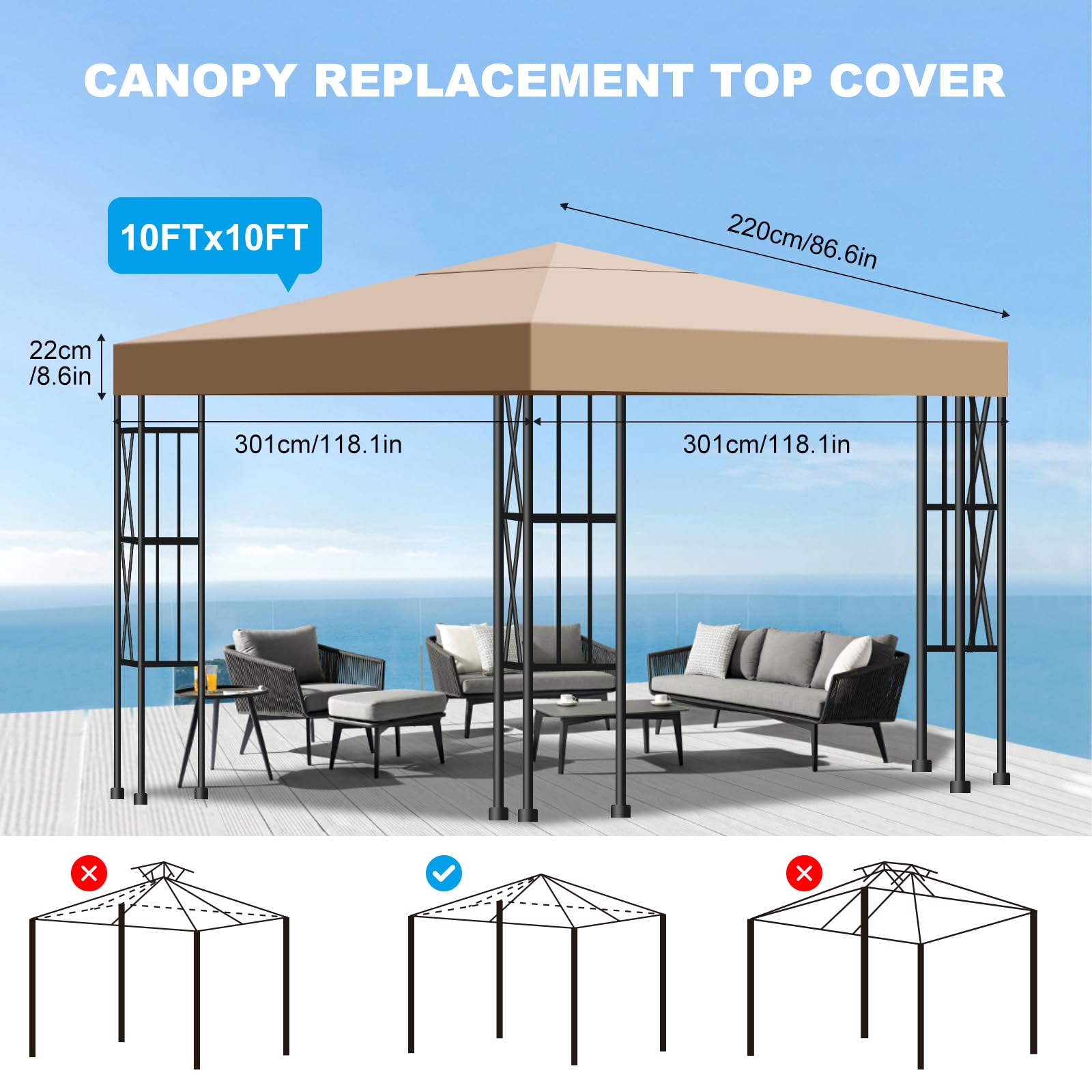 Tetto di Ricambio per Gazebo 3x3 m - Telo Ricambio Gazebo - Copertura Gazebo Rimovibileer, Tetto di Ricambio per Gazebo Giardino Impermeabile e Anti-UV per Giardino, Terrazza, Campeggio