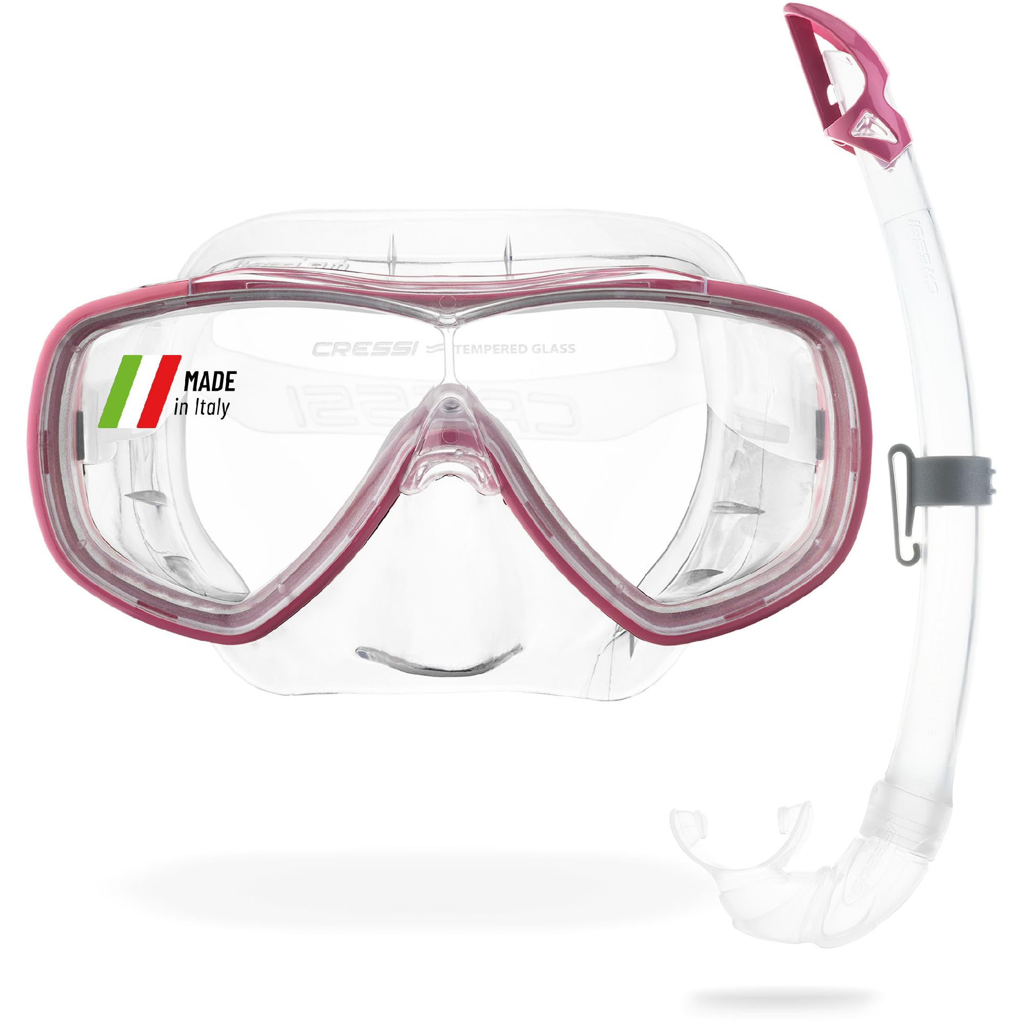Cressi Single Lens Mask & Snorkel Set - Tempered Glass Diving Mask - Snorkel Set Adults for Pools & Sea - Quick-Adjust Buckles for Scuba Diving Equipment - Transparent/Pink - Combo Set