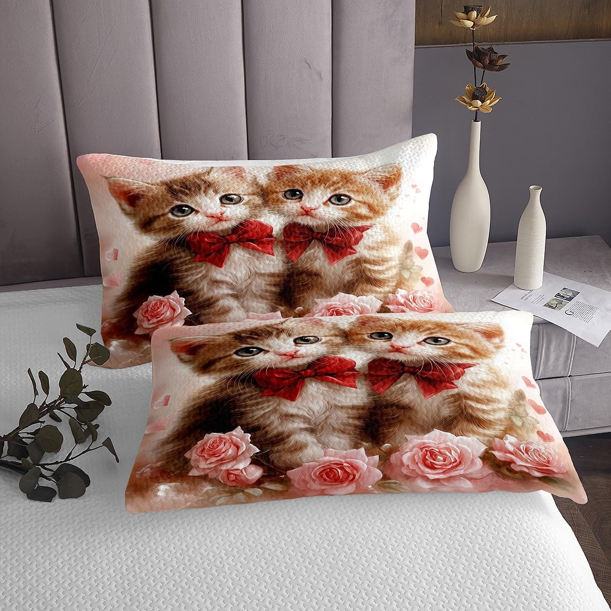 Erosebridal Bow Cat Quilt Set Cute Animal Valentine's Day Coverlet Set Pink Roses Flowers Couple Bedspread Set Red Bow Tie Kitten Bedding Set King Size for Kids Boys Girls