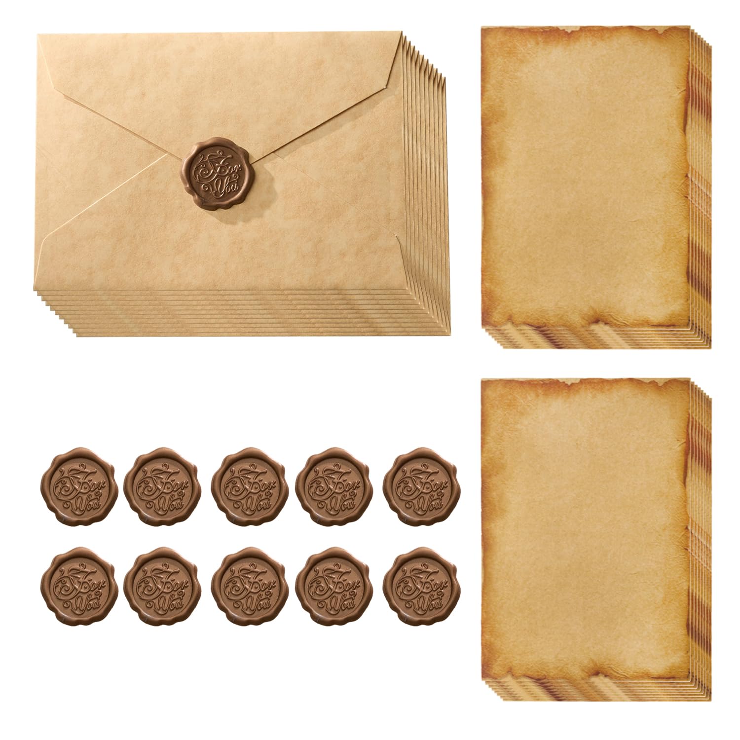 36Pcs Vintage Letter Paper with 10 Envelopes, 16 A5 Writing Paper and 10 Wax Seal, Kraft Paper, Beautiful Writing Paper Set for Wedding Invitation Birthday Greeting Cards