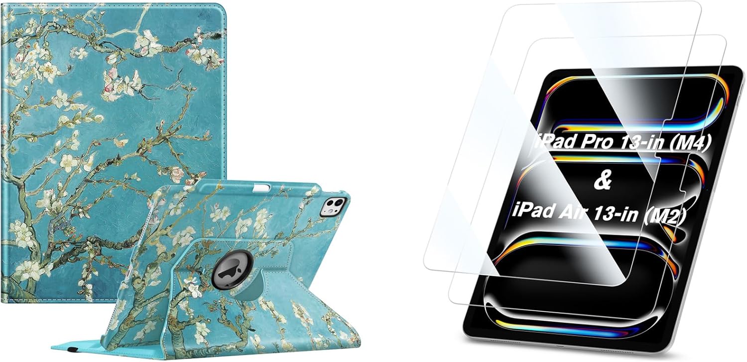 Fintie Bundle: Fintie Rotating Case for iPad Pro 13-inch (M4) 2024-360 Degree Swiveling Stand Protective Back Cover + [2-Pack] Tempered Glass Screen Protector