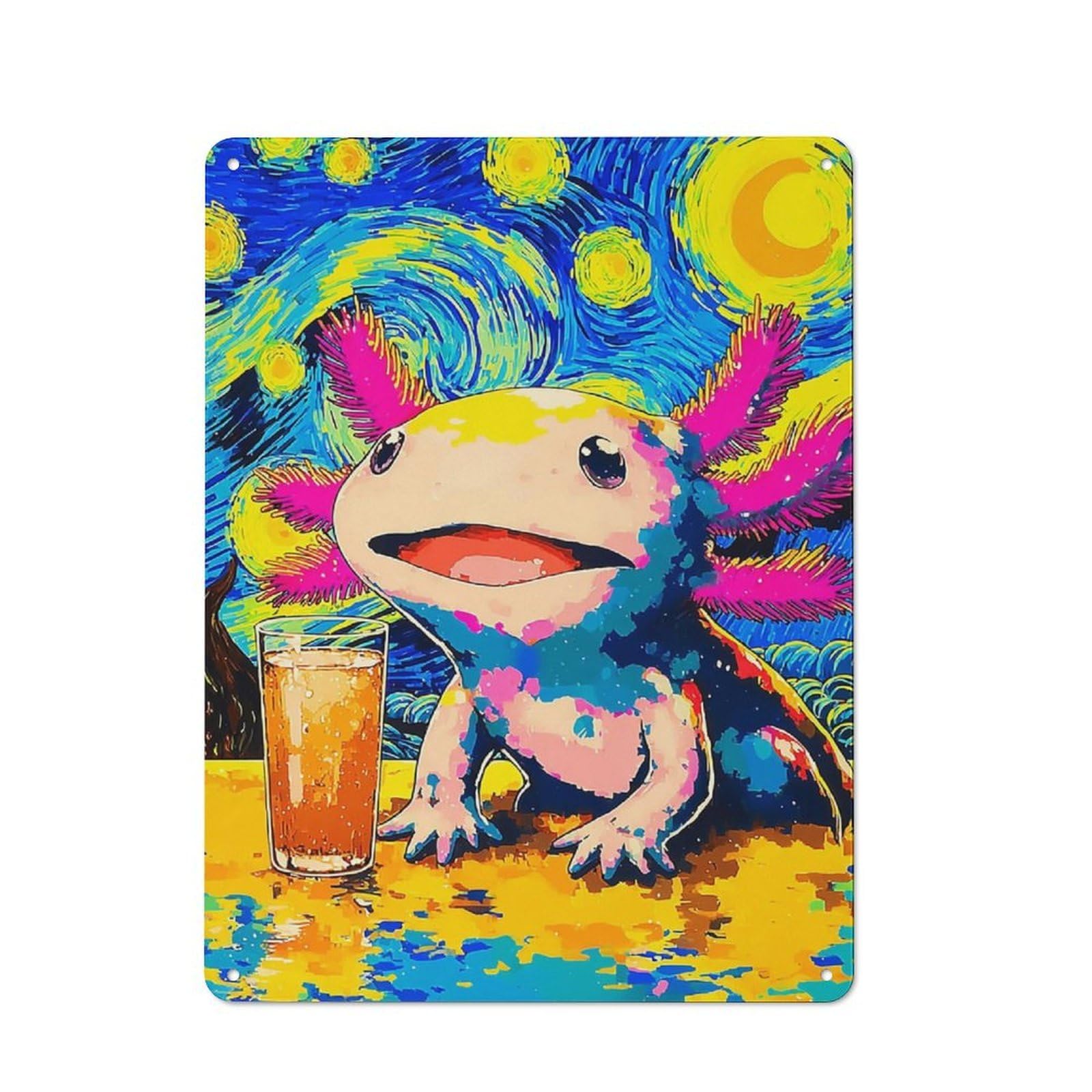 Junmoney Starry Night Axolotl With Drink Industrial Decorative Metal Plaque 40X30cm Featuring Urban Room Decor For Flat, Bar, Studio Or Gallery Wall