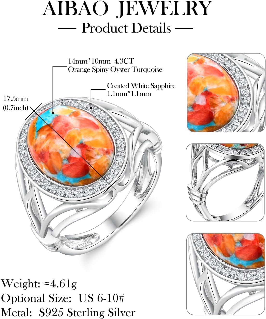 AIBAO 4-12 Ct Large Oval Engagement Rings for Women Natural Turquoise/Lapis Lazuli/Malachite Celtic/Infinity/Love Knot Halo Ring Size 6 to 10 Anniversary Christmas Valentines Gift