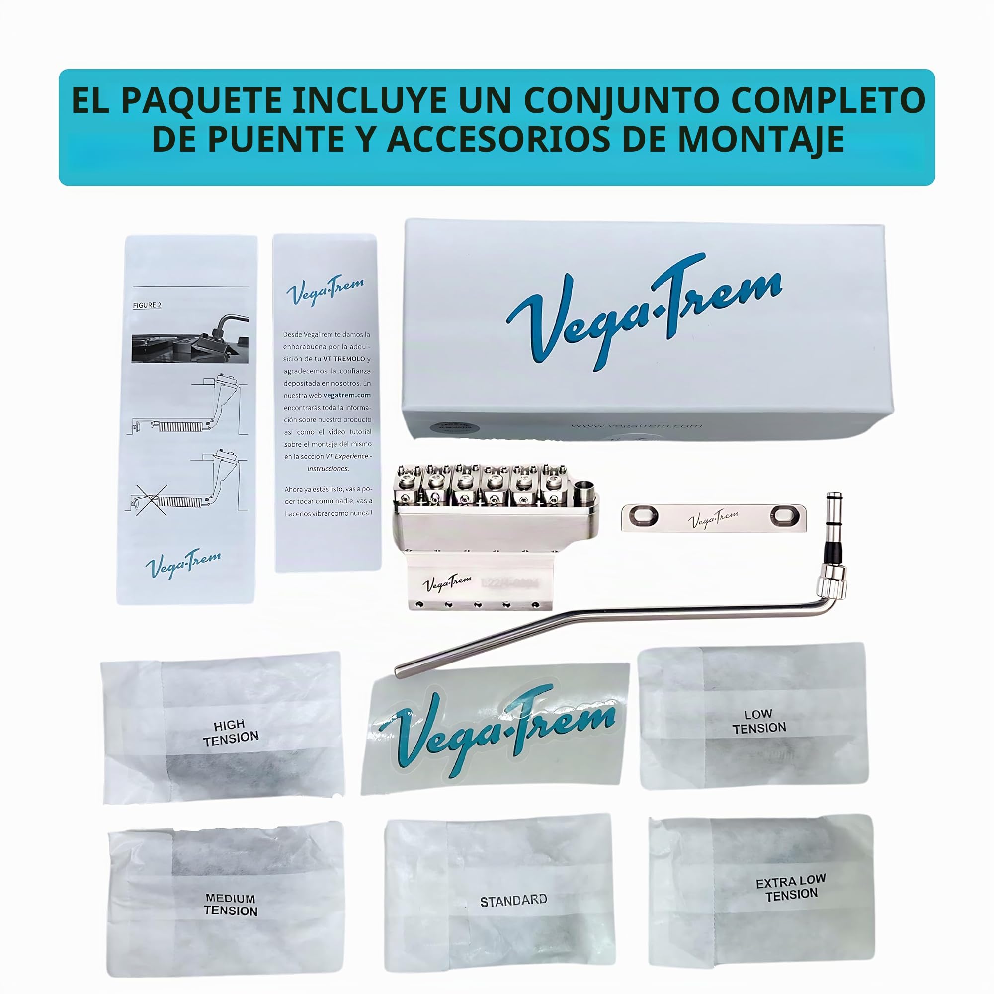 Vega-Trem VT1 Puente de Trémolo de 2 Puntos Brillante para Guitarra Stratocaster Para Strat Sin Modificaciones Fácil Instalación