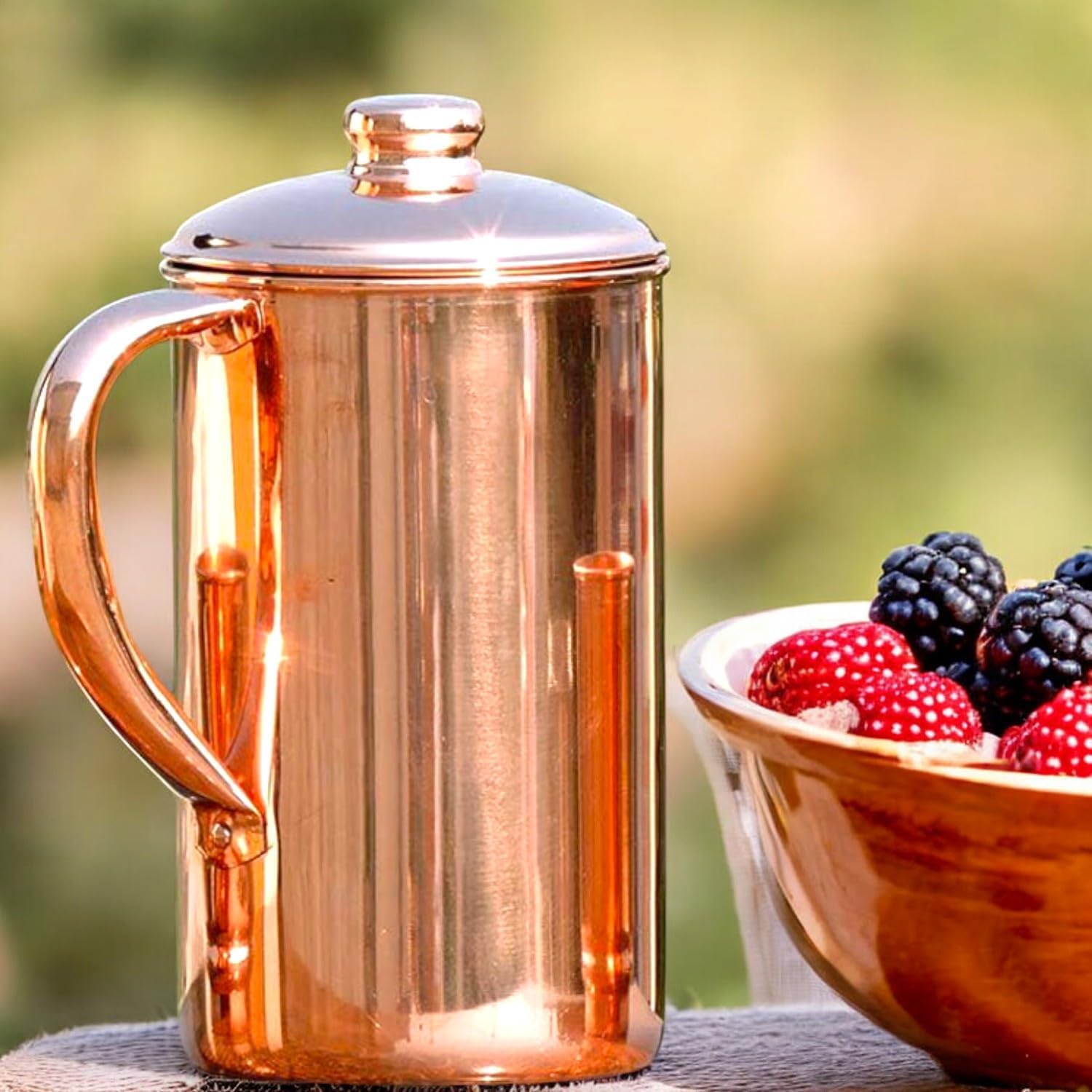 Brocca in rame puro al 100%, 1500 ml con 2 bicchieri, brocca per acqua potabile con bicchieri, set di brocche in rame con coperchio e tazze, borraccia con manico, benefici per la salute dell'Ayurveda