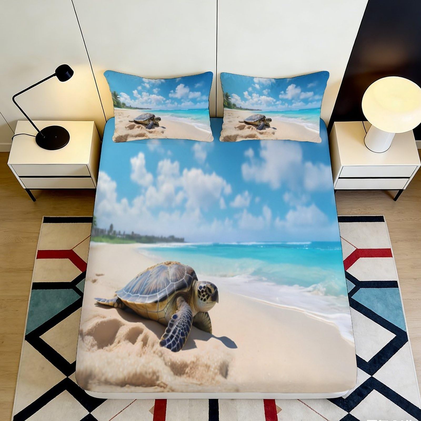 Pnayamiorkfel Style-5 3D Printed Sea Turtle Beach Fitted Sheet Microfiber Soft Breathable Ocean Coast Mattress Cover For Bedroom Decor 90X200x25cm