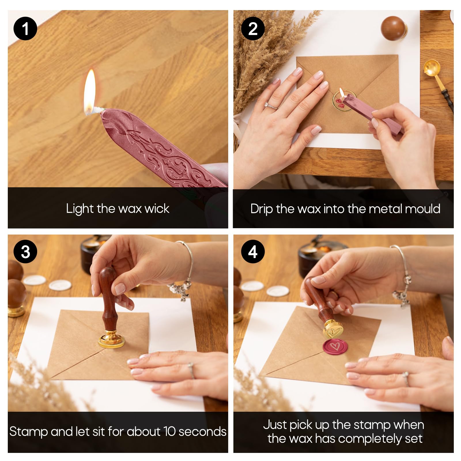 Furuising 8Pcs Red Sealing Wax Sticks, Wax Seal Stick with Wicks, Wax Seal Stamp Kit with Heart Stamp - Image 3