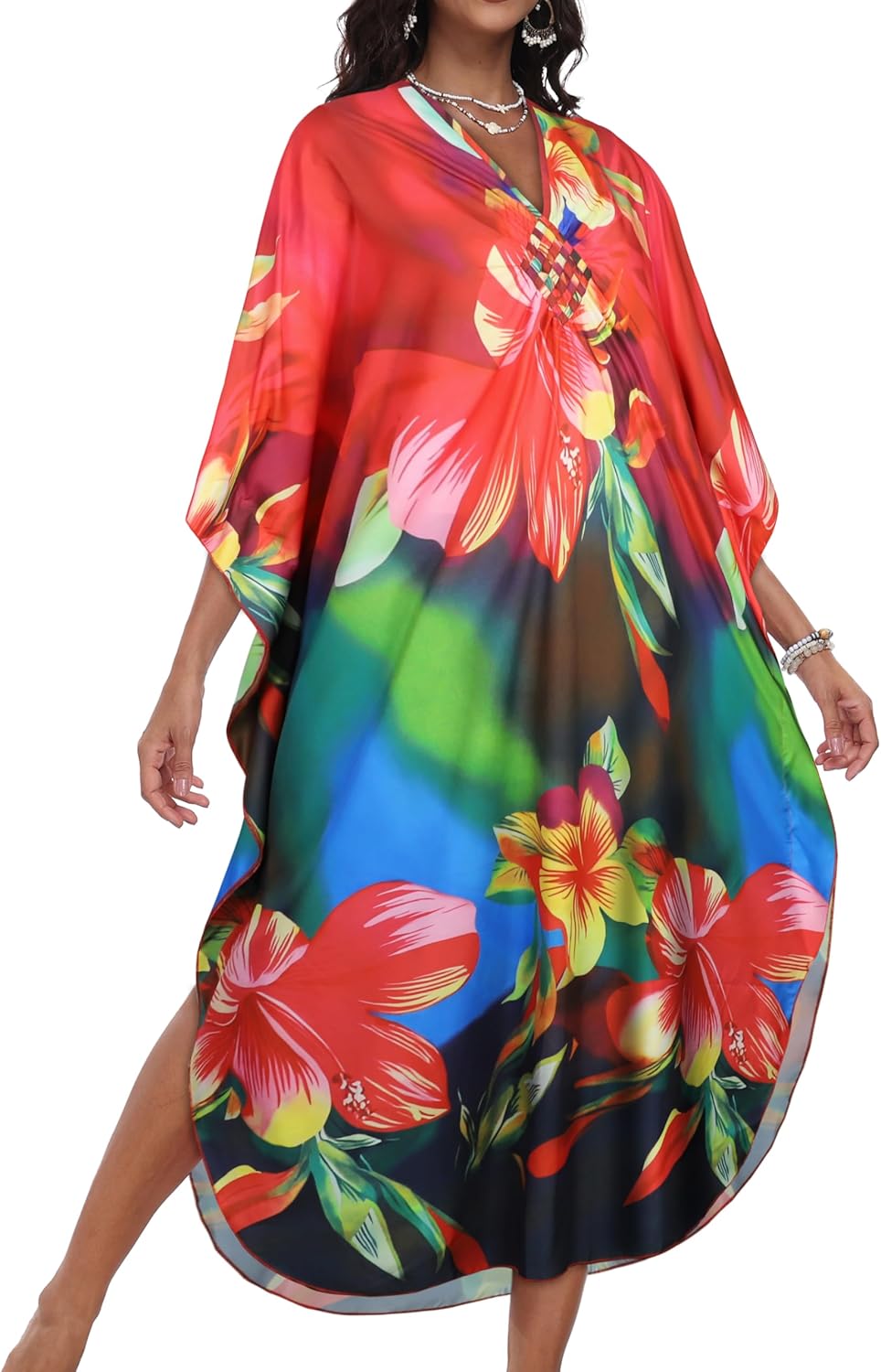 CHICGAL Womens Kaftan Dresses Long Caftans Plus Size Batwing Sleeve Swimsuit Coverup V Neck Summer Beach Dress