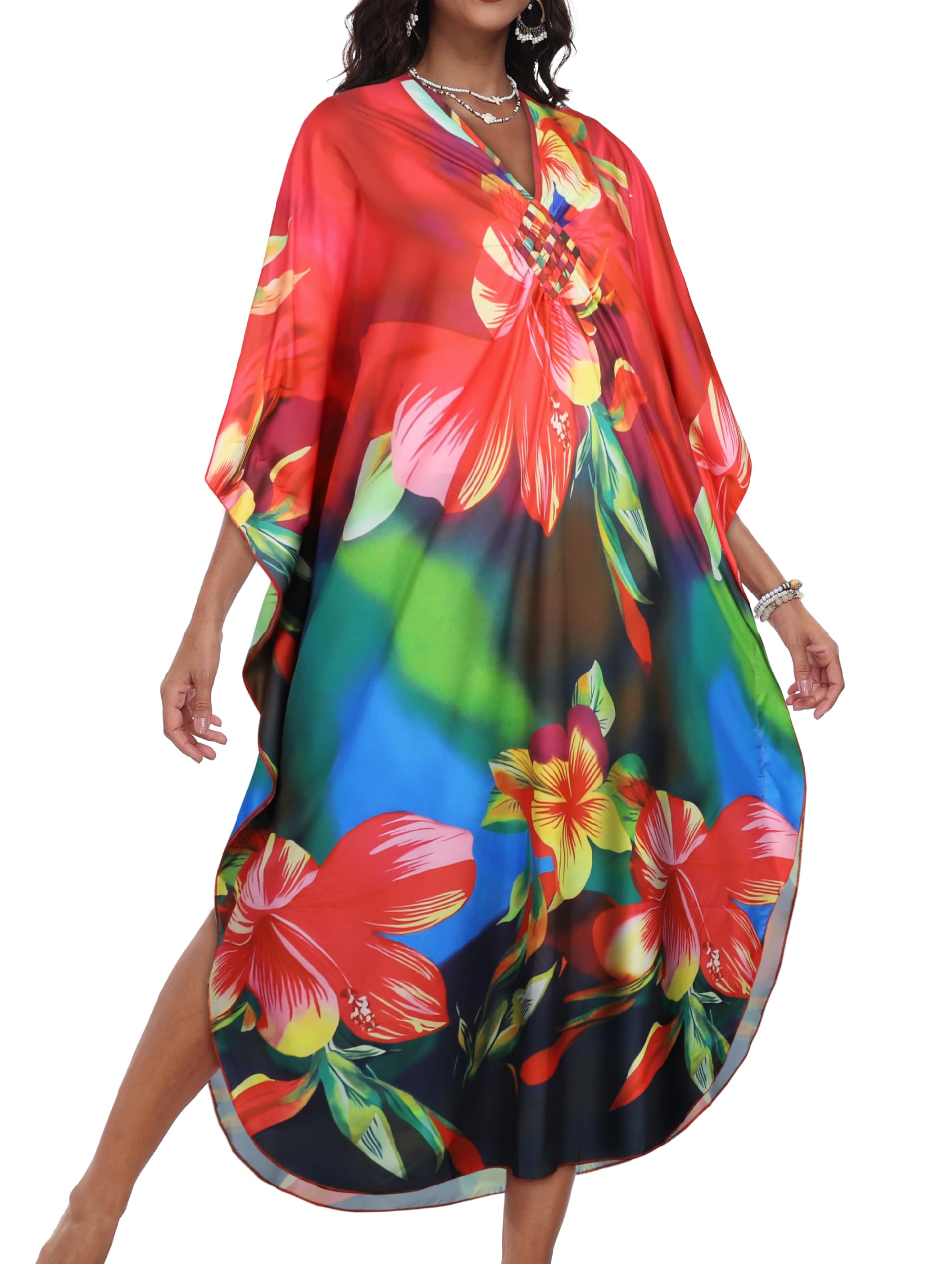 chicgal Womens Kaftan Dresses Long Caftans Plus Size Batwing Sleeve Swimsuit Coverup V Neck Summer Beach Dress-picture-16