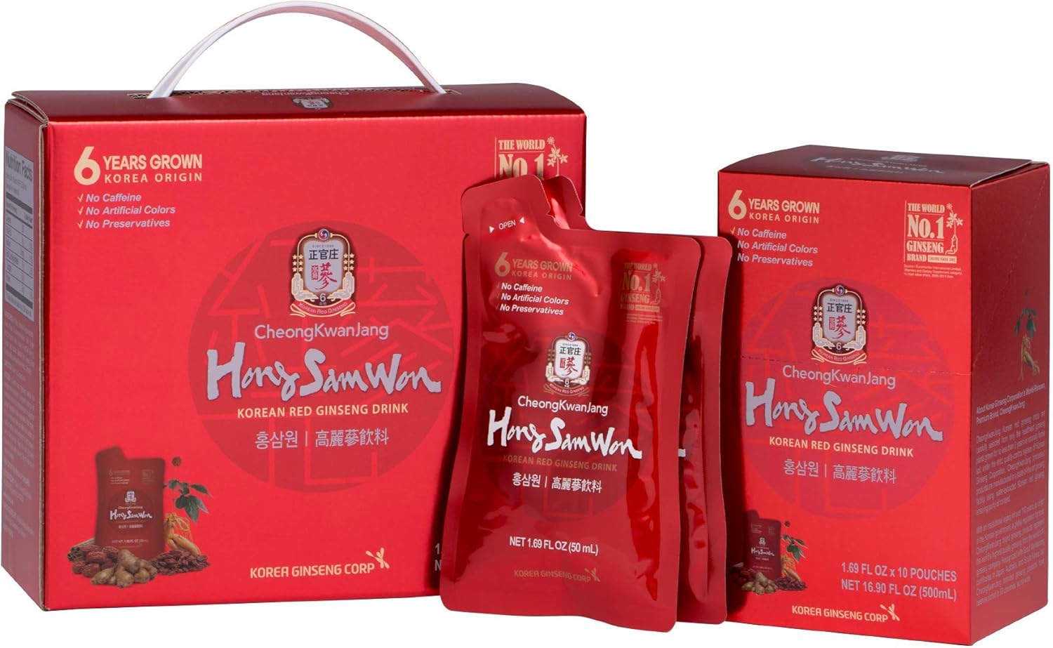 CheongKwanJang [Hong Sam Won - Korean Ginseng Drink] Korean Red Panax Ginseng Extract Drink - Increase Productivity, Improve Blood Circulation & Brain Function - 20 Pouches, 1.69 fl oz (50 ml) Each : Health & Household