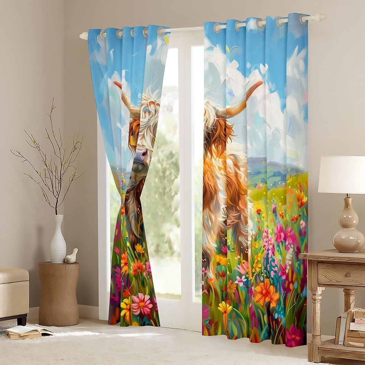 Manfei Rustic Cow Curtains for Living Room,Western Farmhouse Highland Cattle Window Drapes Blackout 30%-50%,Watercolor Blooming Flowers Spring Floral Window Treatment 2 Panels,38Wx45L