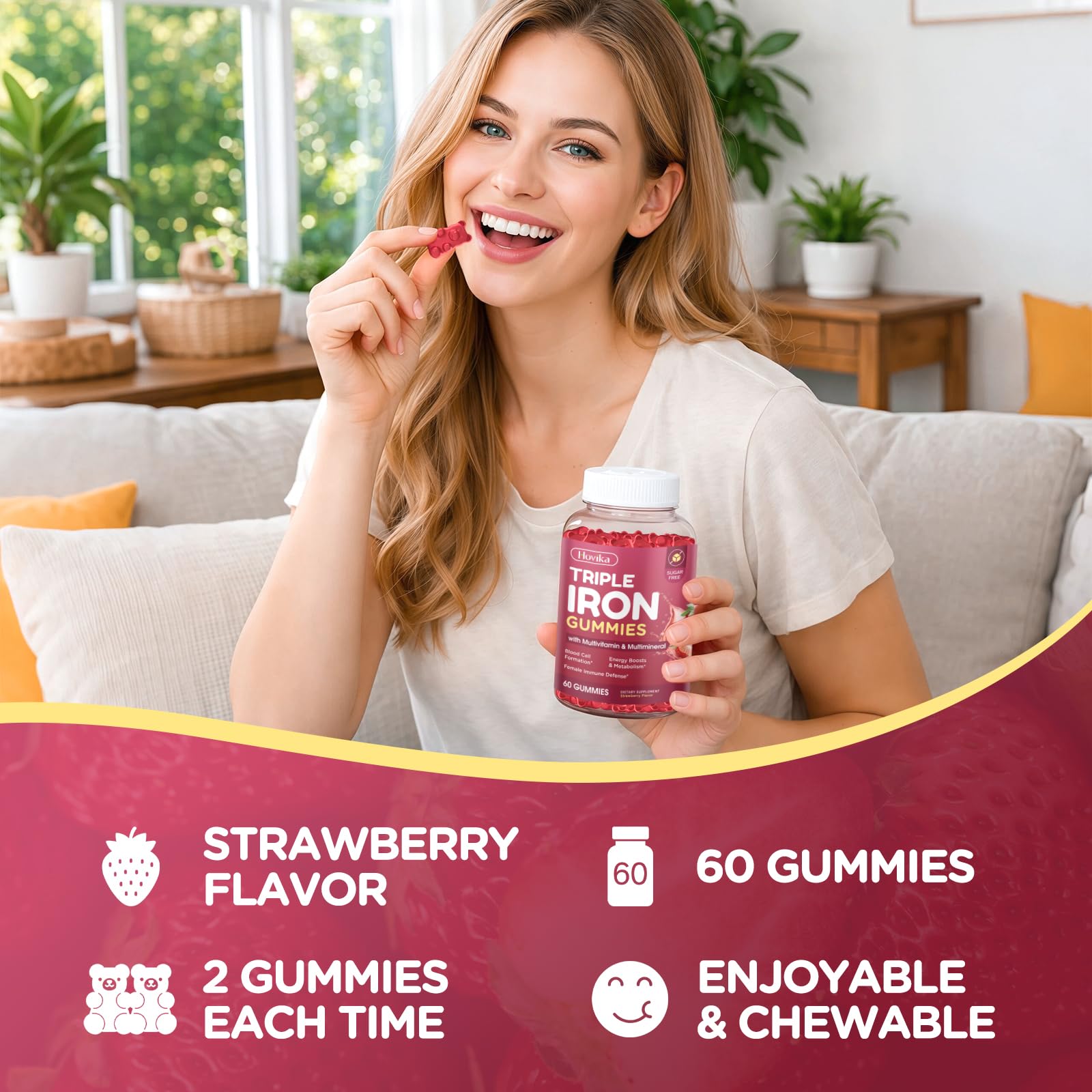 Iron Gummies for Women, Triple Iron Supplement with Multivitamin Iron Gummies with Vitamin C, A, B, Folate, Copper, Zinc for Energy & Blood Support, Immune Health, Vegan, Strawberry Flavor, 60 Counts — Amazon image 5
