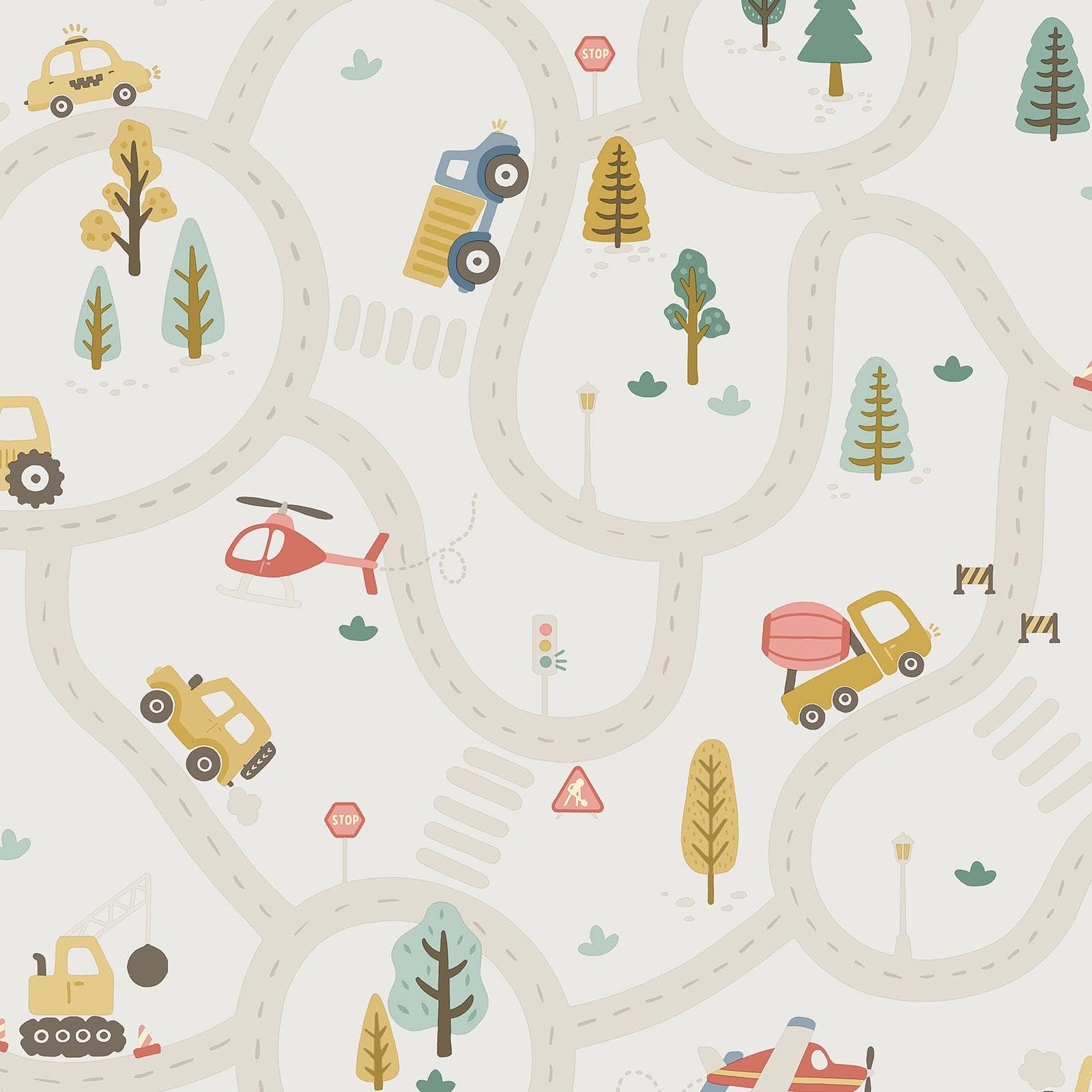 Holden Storybook Roundabout Road Fun Vehicle and Traffic Themed Wallpaper with Cars, Trucks, Helicopters, Diggers for a Playful Boys Bedroom Wall Cream/Multi (14080)