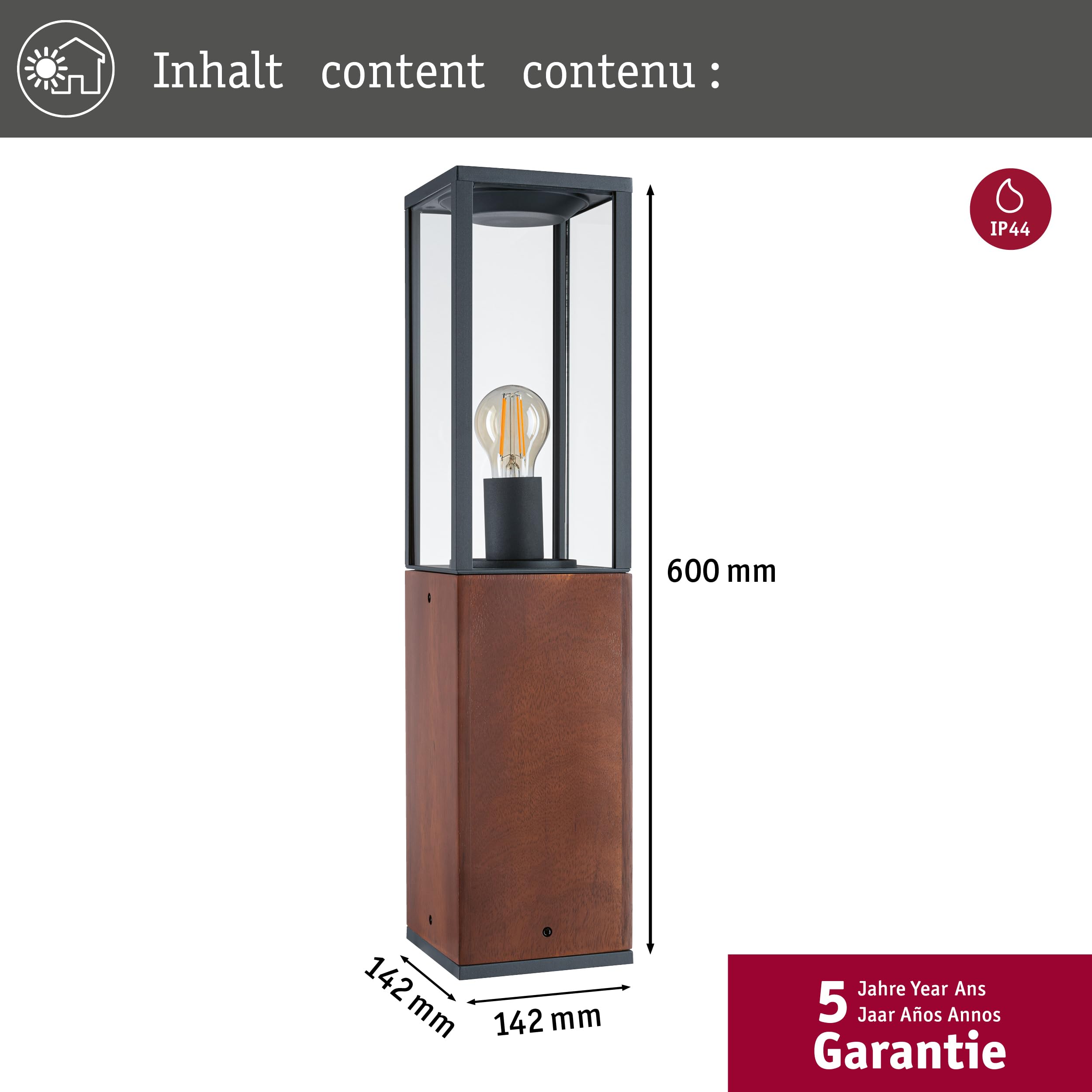 Paulmann 94676 Lampada LED per esterni oggetto luminoso Timba IP44 600mm paletto d’illuminazione senza lampadina angolare max. 60 W Outdoor legno E27
