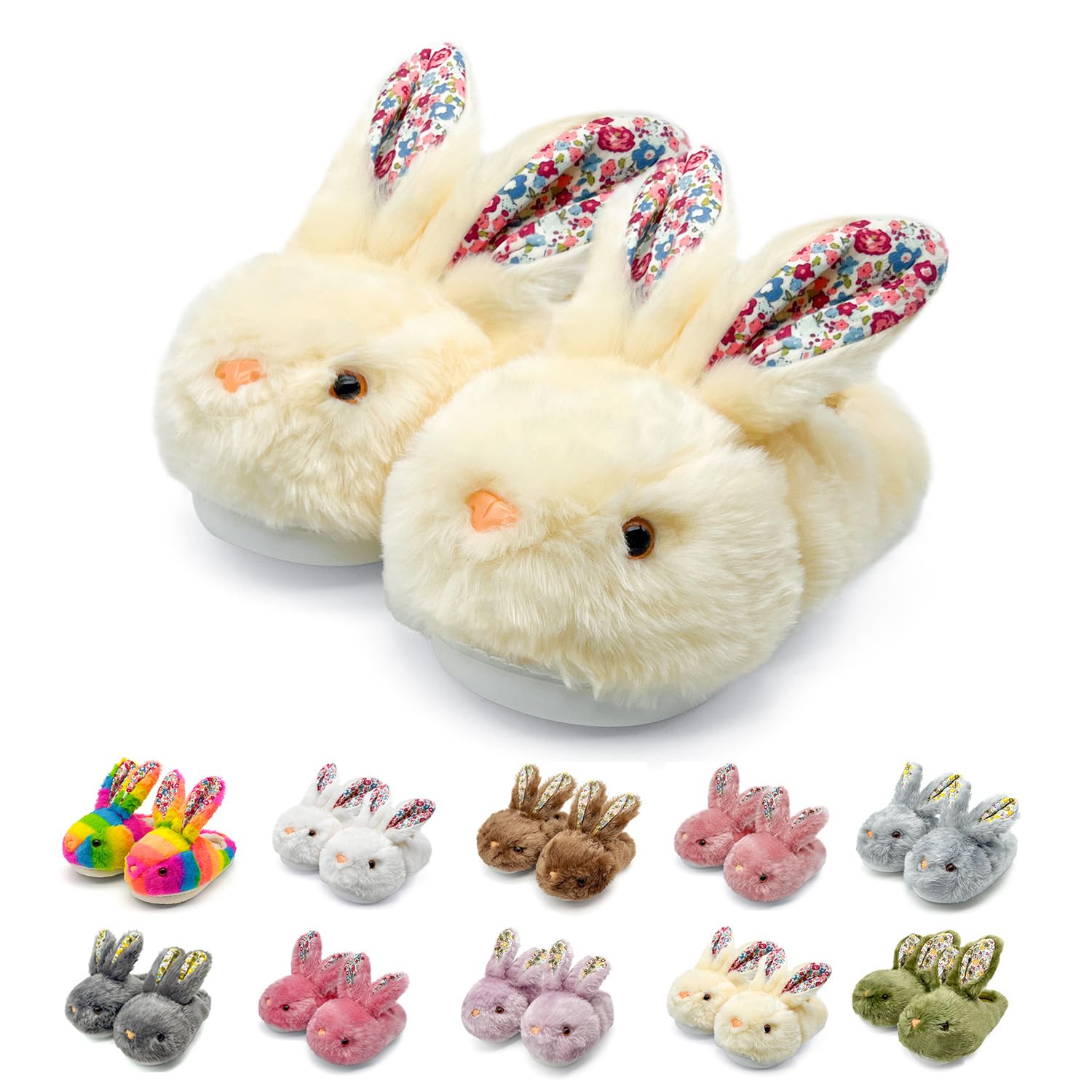 Womens Fluffy Rabbit Slippers with Floral Ears Plush Bunny Bedroom House Shoes Plus Size Adult Cotton Cute Indoor