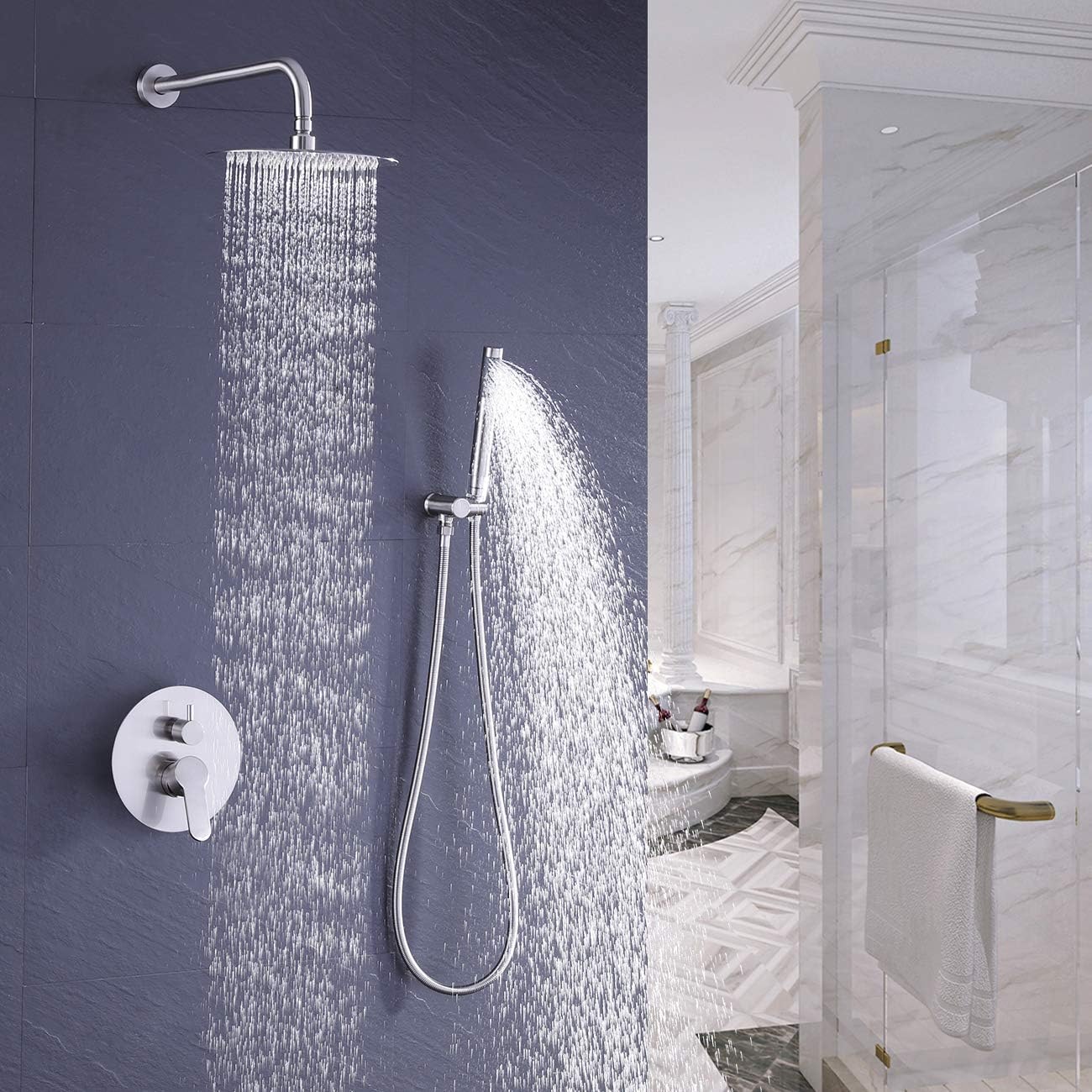 Hot Deals KES Pressure Balancing Shower System Rough-in Shower Valve Faucet and Trim Kit Handheld and Rainfall Shower Head Combo Modern Round Brushed Nickel, XB6234-BN