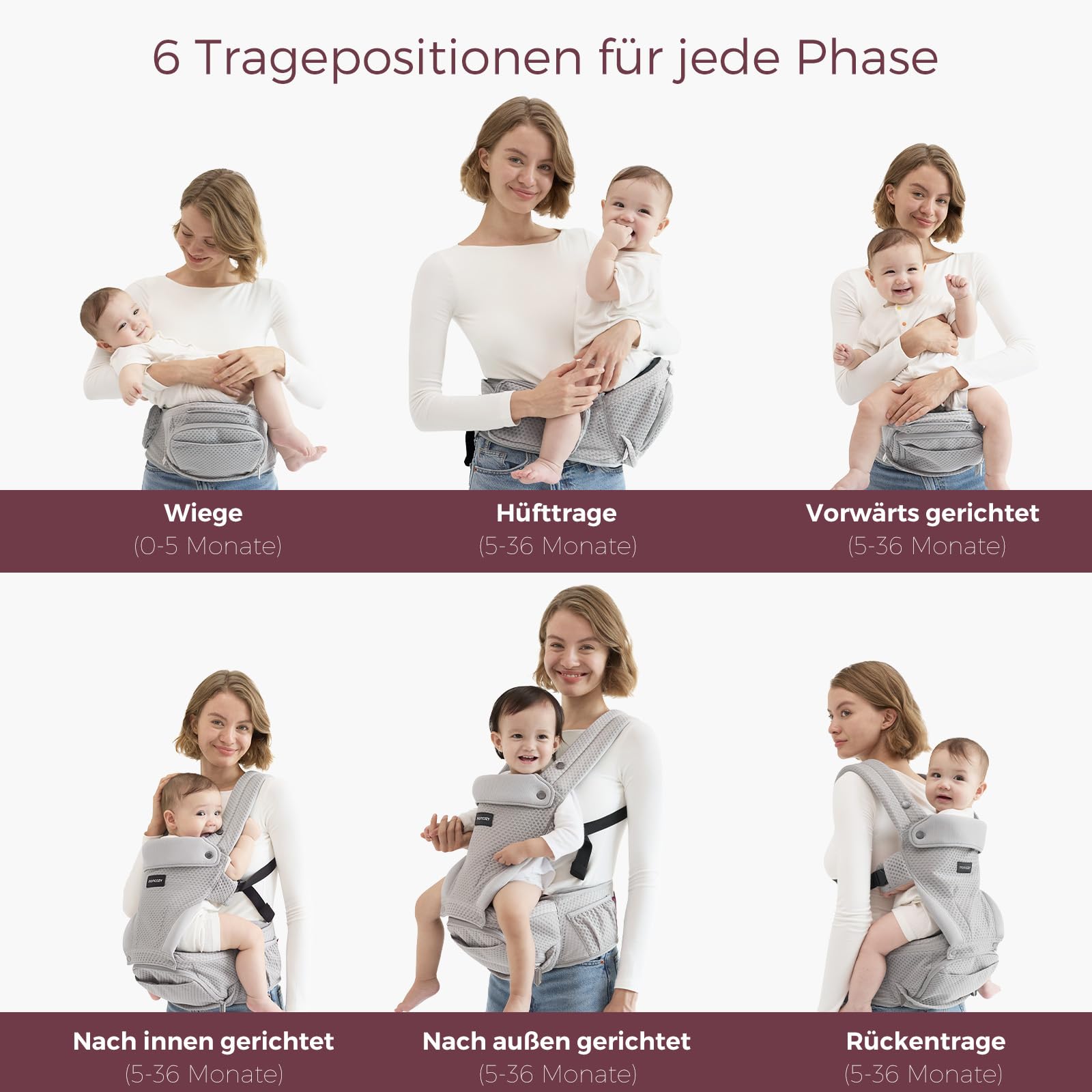 Momcozy Babytrage mit Hüftkissen, 2-in-1 Verstellbare & Abnehmbare Hüfttrage bis 20kg, Atmungsaktive Tragehilfe mit Lendenstütze für Eltern, Leichte Babytrage für Neugeborene, Grau