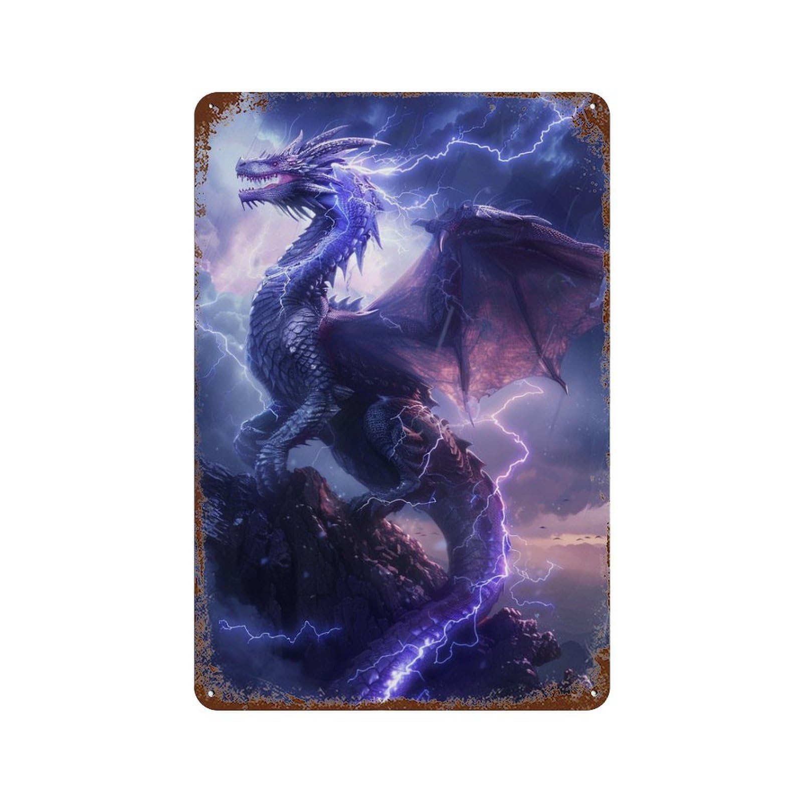 Thundering Dragon Storm Artwork Rustic Tin Plaque 11.8"x7.9", for Pub, Kitchen And Man Cave Decor, Vintage Wall Decor