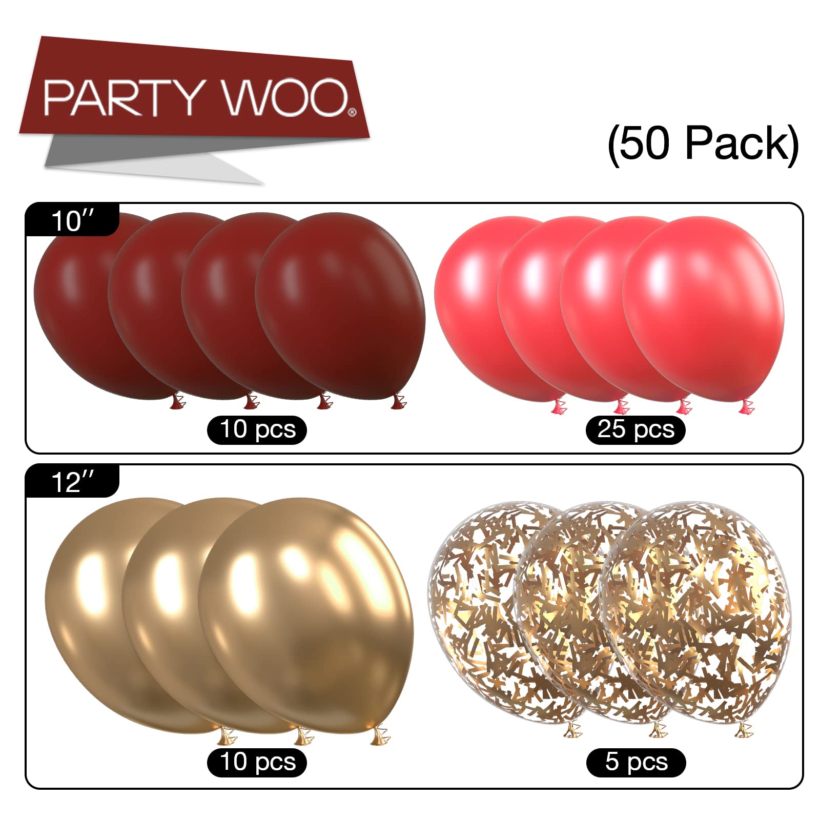 PartyWoo Red and Gold Balloons, 50 pcs Burgundy Balloons, Ruby Red