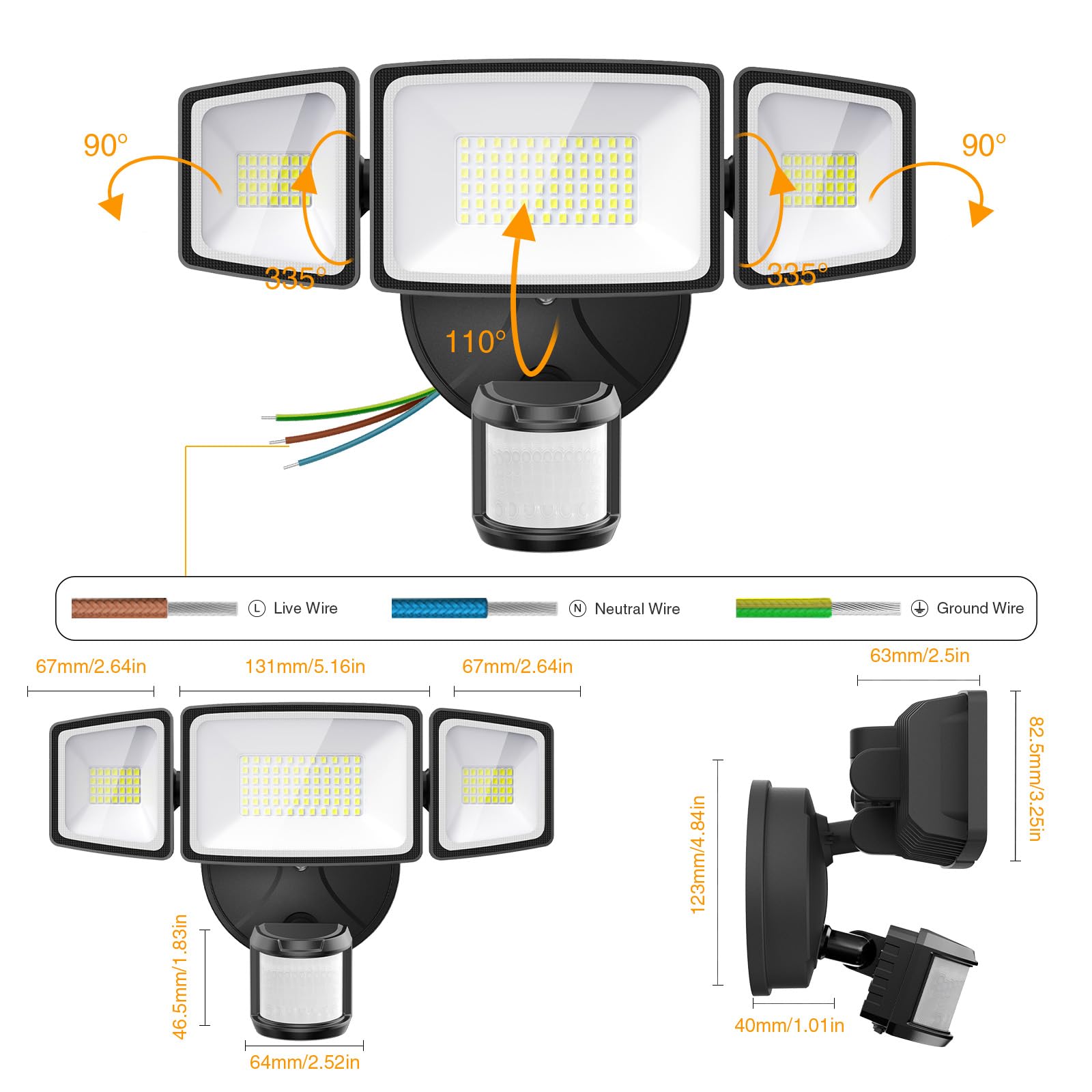 Onforu LED Strahler mit Bewegungsmelder Außen 55W 5000 LM 3 Köpfe 6500K Kaltweiß IP65 Flutlicht