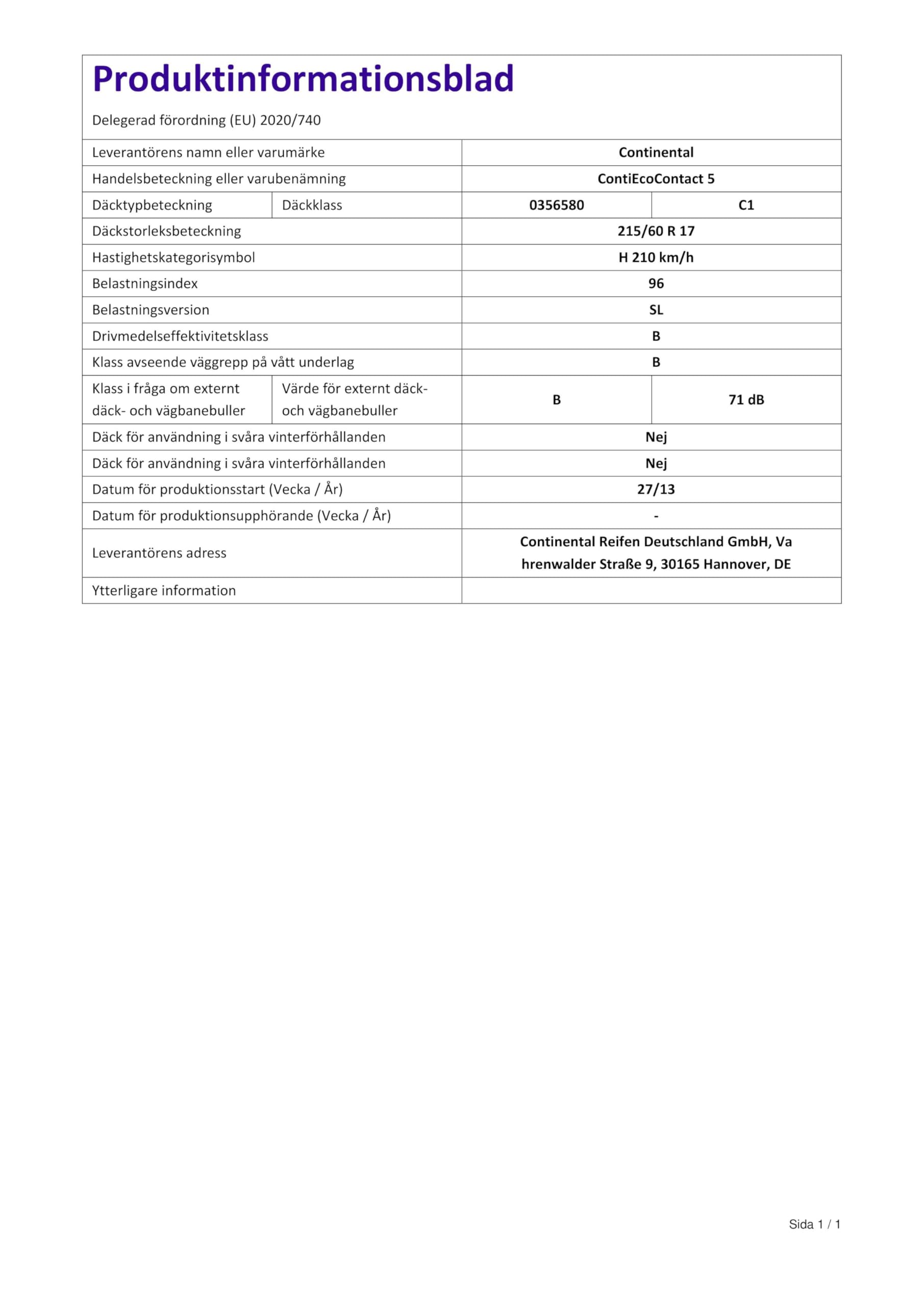 Continental ECO 5 215/60/R17 96 H - Pneumatico Estivo - B/B/71