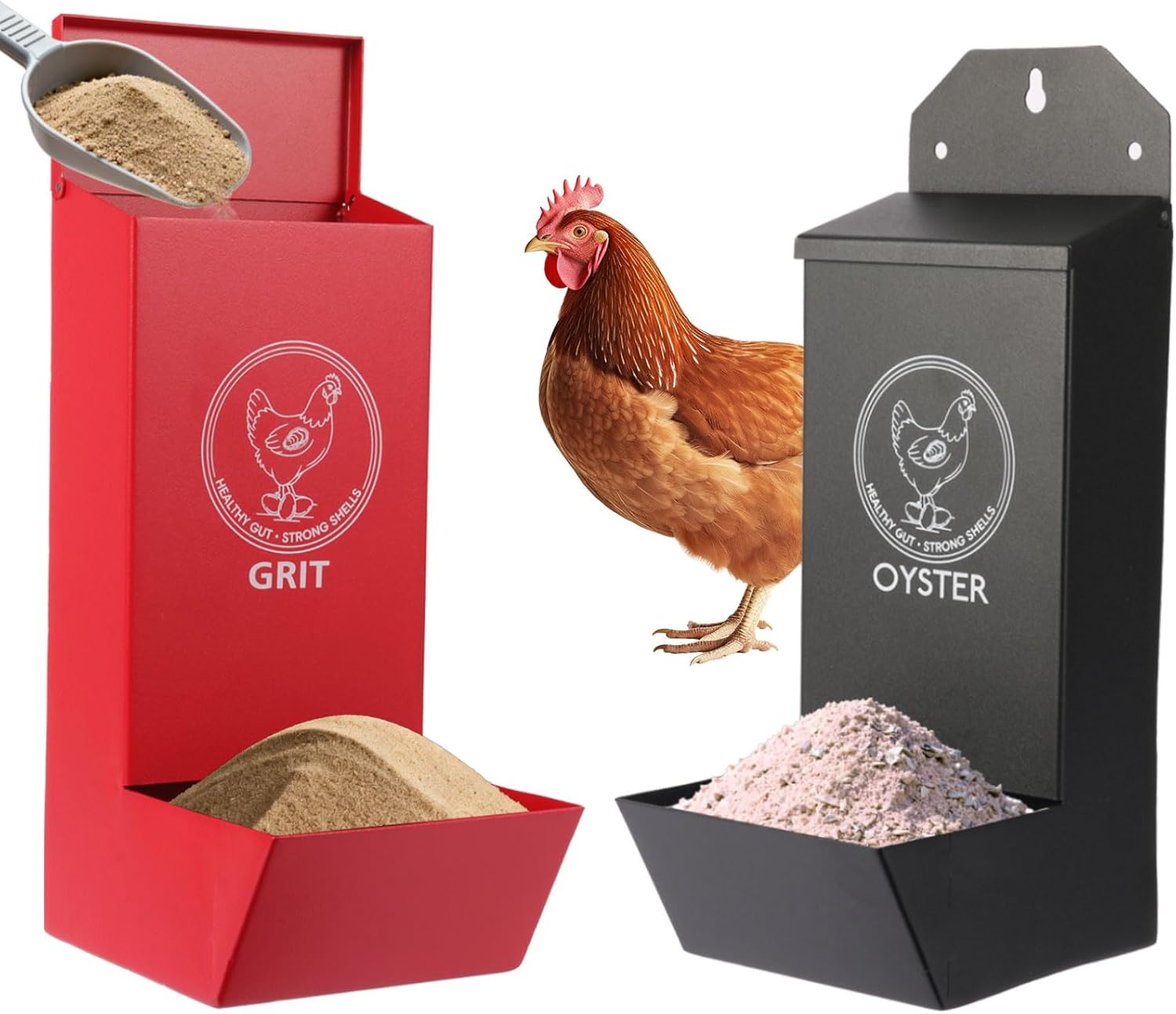 2-Pack Metal Chicken Grit Feeder & Oyster Shell Feeder with Lid - Hanging Gravity Poultry Feeder for Chickens, Ducks, Quail - Rain Proof Chicken Coop Accessories - Wall Mount Chicken Feeders No Waste