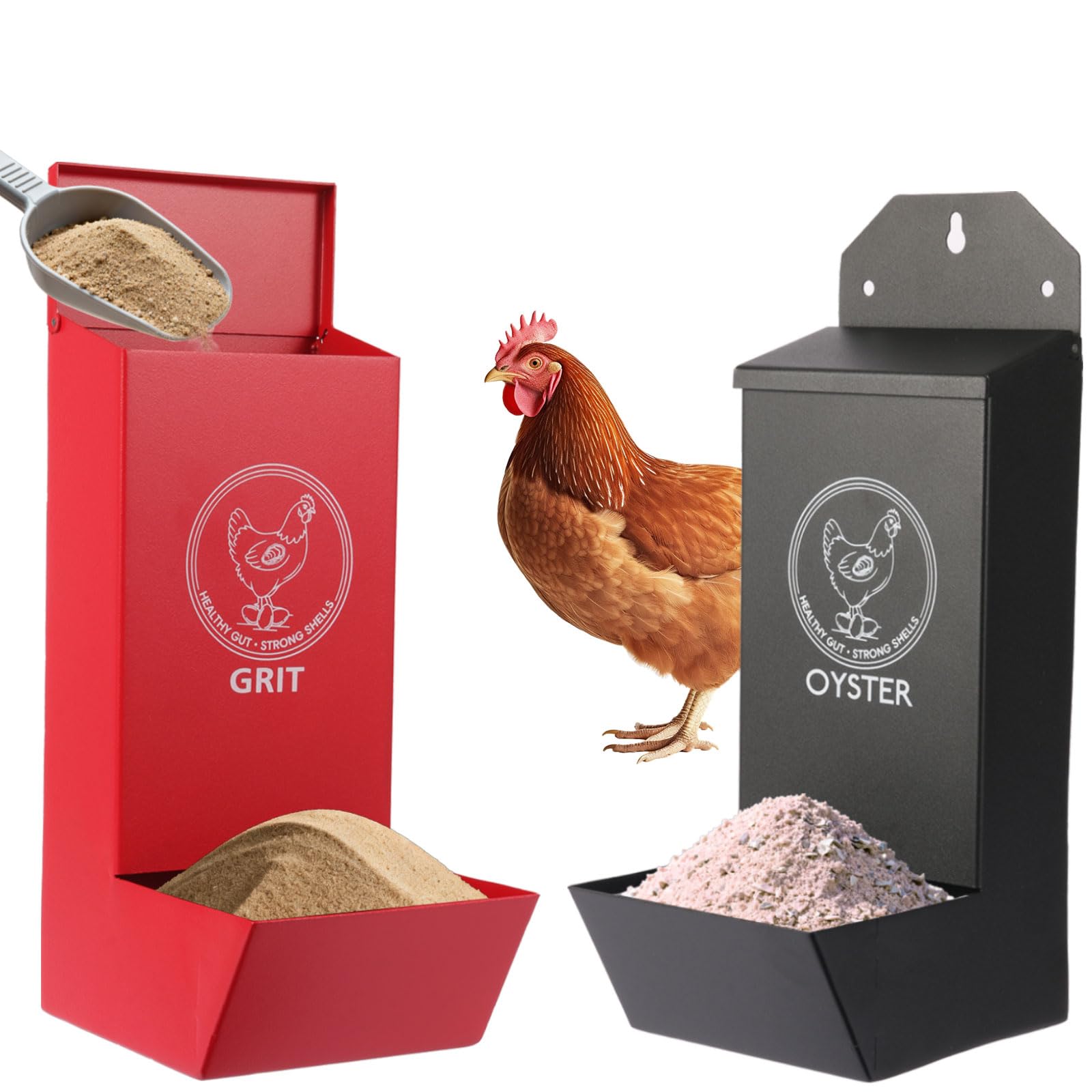 2-Pack Metal Chicken Grit Feeder & Oyster Shell Feeder with Lid - Hanging Gravity Poultry Feeder for Chickens, Ducks, Quail - Rain Proof Chicken Coop