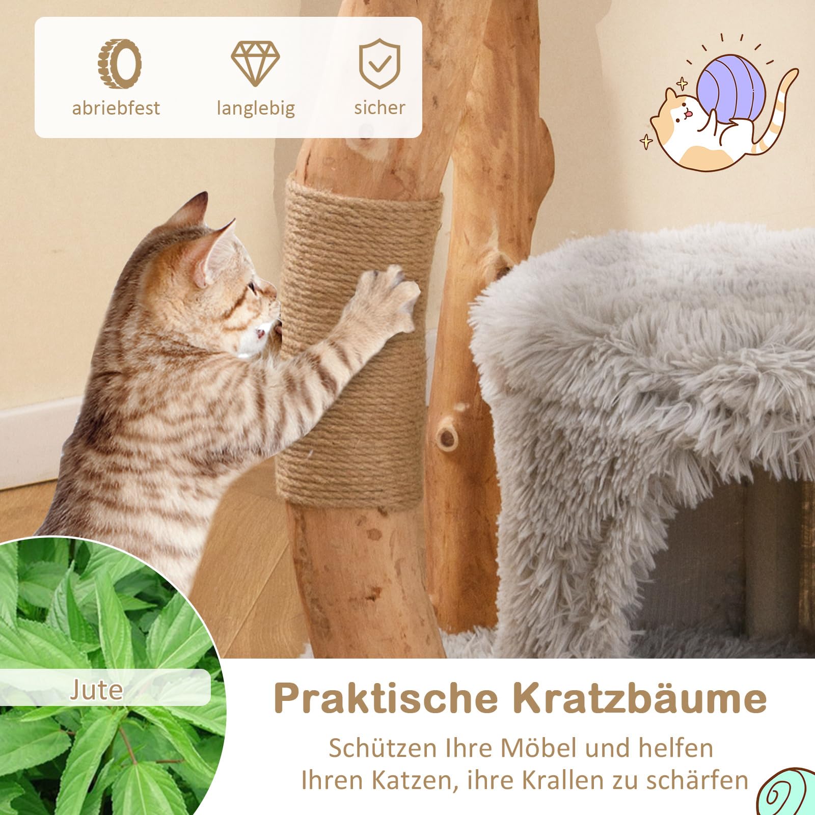 COSTWAY Drapak drewniany, 124 cm, z jaskinią dla kota, pluszową powierzchnią do siedzenia i platformą do siedzenia, wieża dla kota ze słupkami do drapania z juty, meble dla kotów z litego drewna