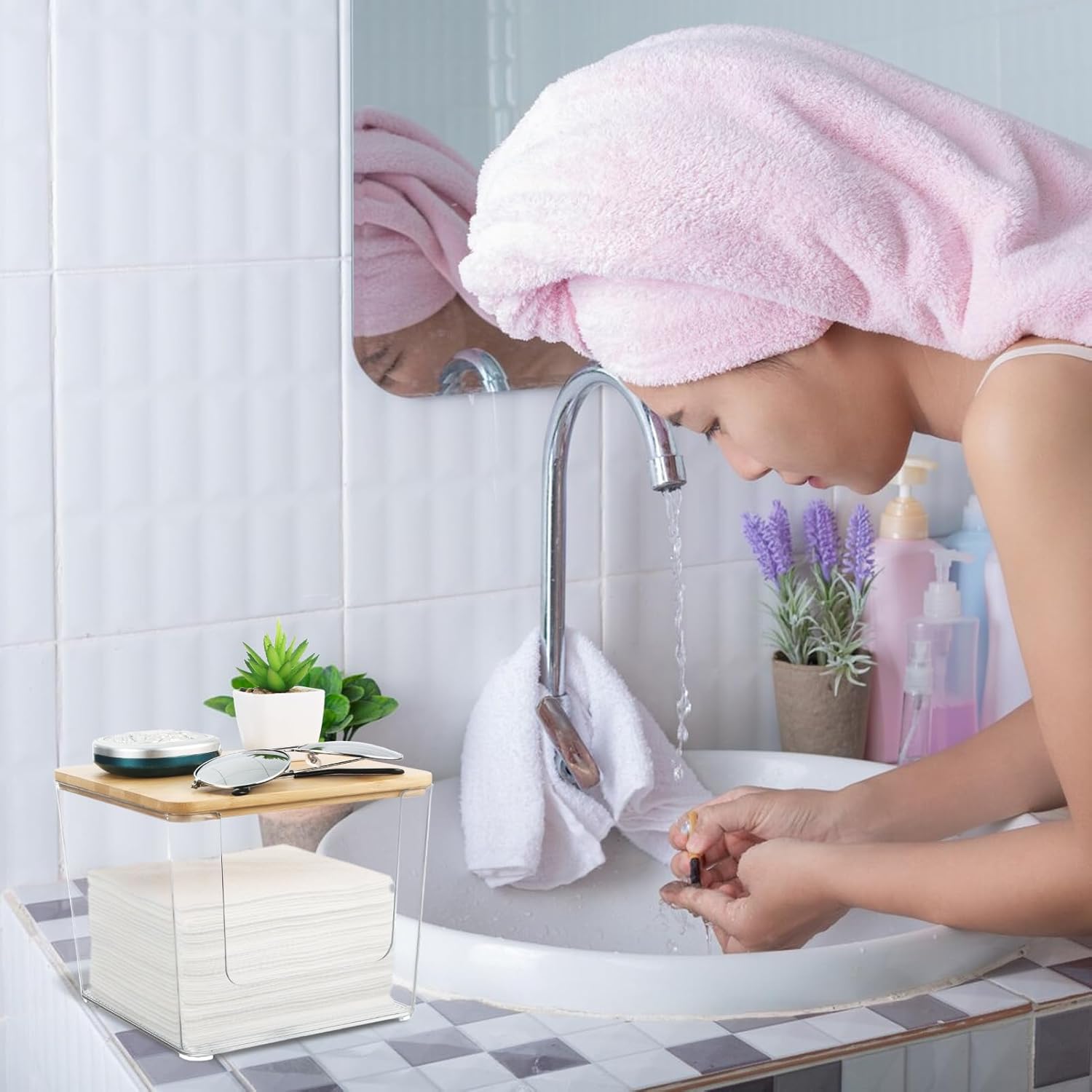 Rainmae Disposable Face Towel Holder, Acrylic Facial Towels Storage Box for XL Clean Skin Club, Upgrade Large Tissue Holder with Bamboo Lid Towel Organizer Container for Bathroom Vanity Countertop - Image 7