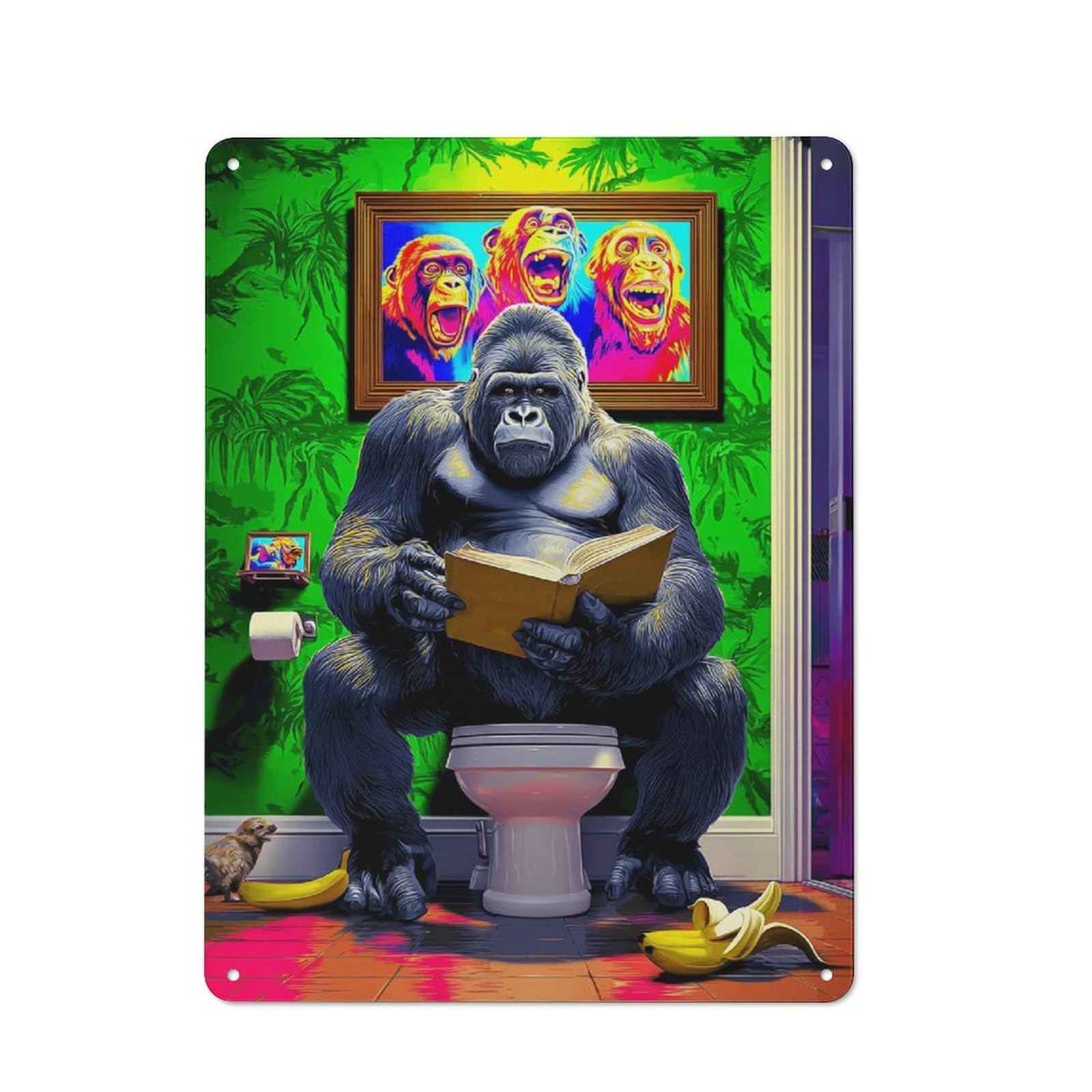 Junmoney Gorilla Reading In Jungle Bathroom Retro Metal Wall Sign 40X30cm For Café Or Home Bar, For Home Bar Enthusiasts, For Retro Home Interiors