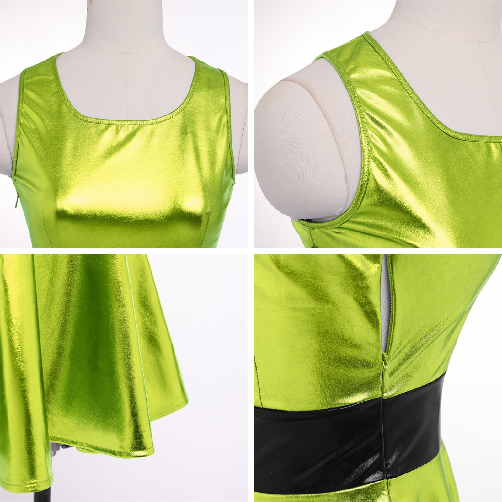 IDOPIP Vestito da donna lucido metallizzato sexy senza maniche skater mini abito olografico partito rave danza discoteca costume di Halloween
