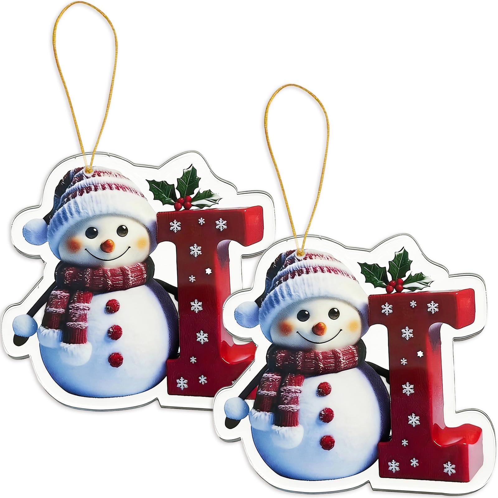 FAMINESS 2PCS 2D Acrylic Letter I Snowman Christmas Ornaments - 26 Alphabet Tree Decorations Hanging Ornaments for Party Gifts