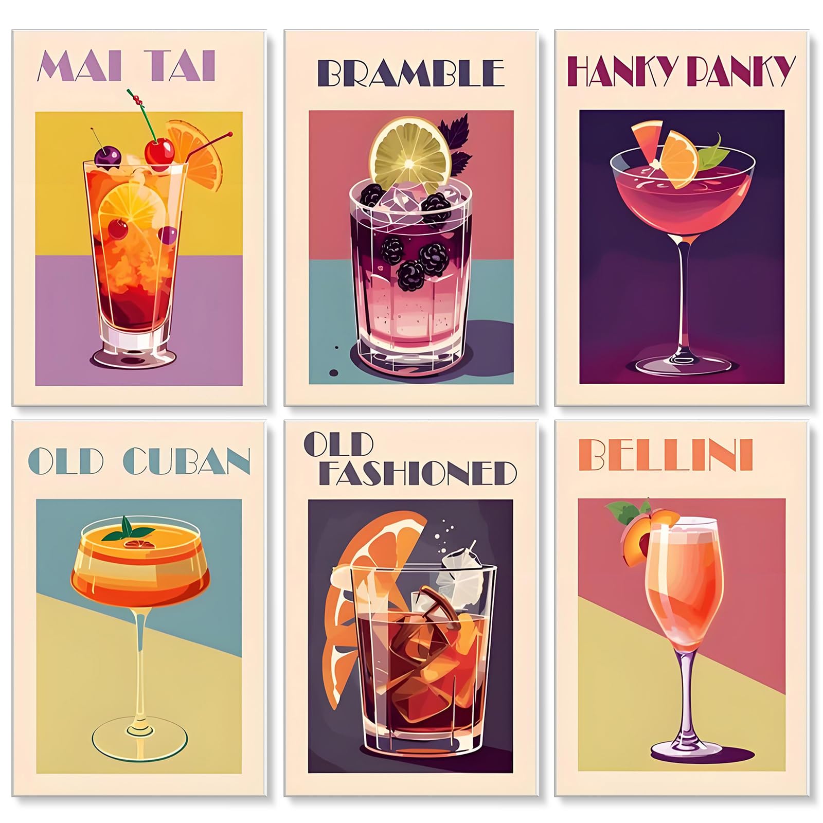 6 Pack Cocktail Paint by Numbers for Adults Canvas Without Frame, DIY Cocktails Painting by Numbers for Adults, Easy Acrylic Paint Kit Arts and Crafts Beginners for Home Wall Decor Gift 8x12 Inch