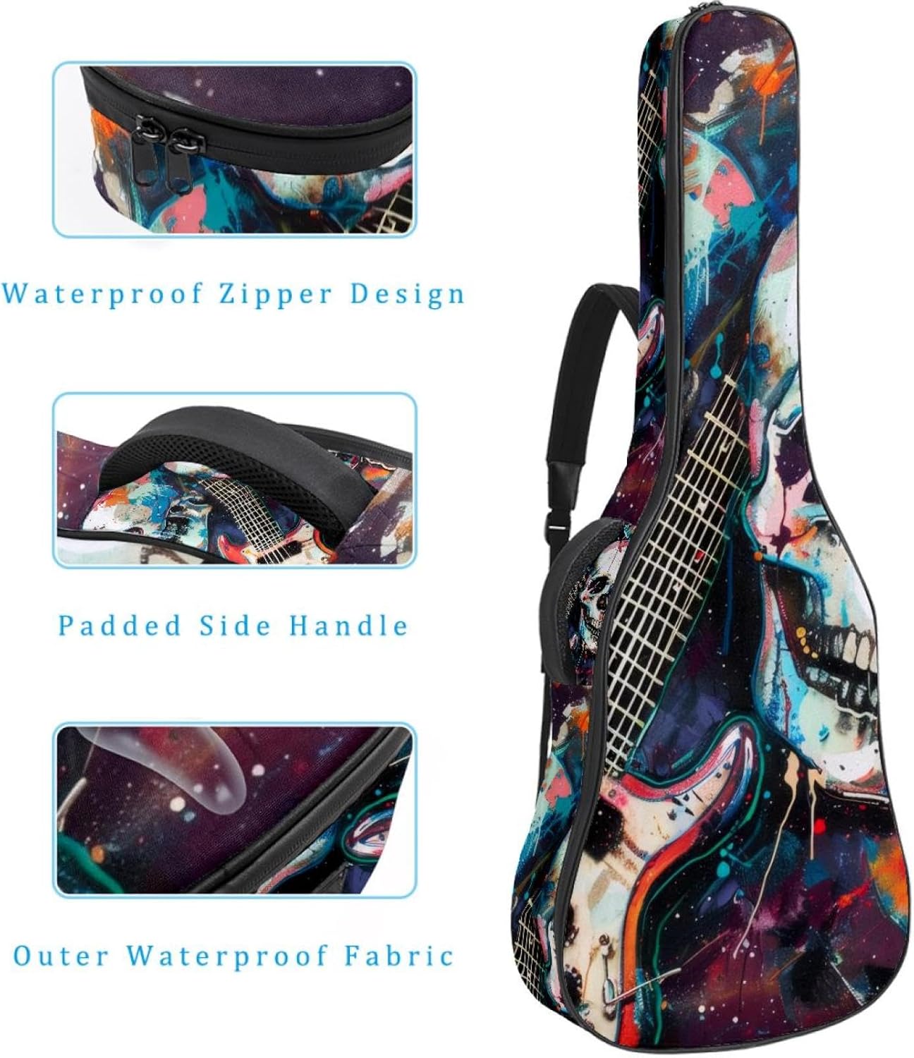 Acoustic Guitar Bag, 40 41 42 Inch Guitar Case Cover Soft Guitar Gig Bag for Acoustic Electric Bass Classical Guitar, Punk Rock Abstract Skulls Pins Guitars Rock Disk