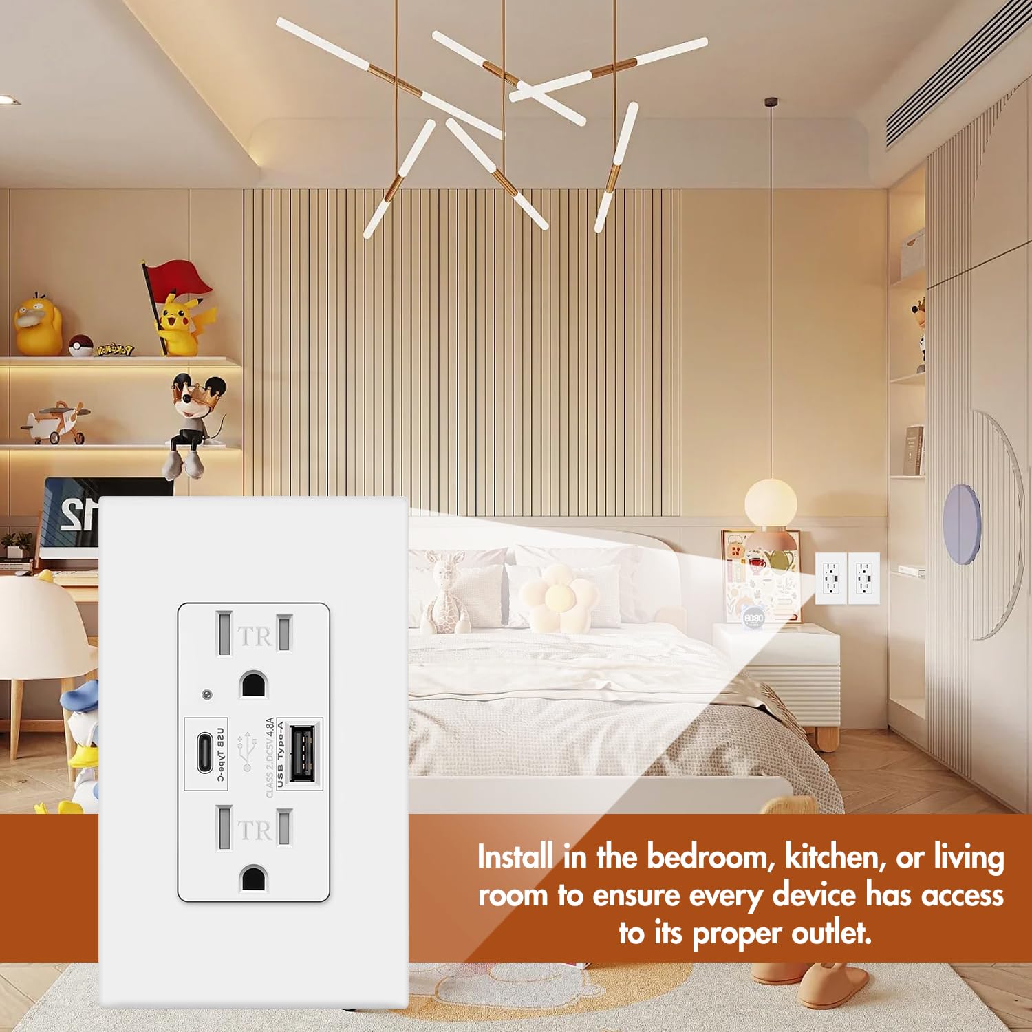 USB C Wall Outlet Receptacle, 4.8A USB Type C + A, High Speed Charging for Smart Devices,1 USB C, 1 USB, 15 Amp Duplex Receptacle Tamper-Resistant w/Wall Plate (10 Pack, White)