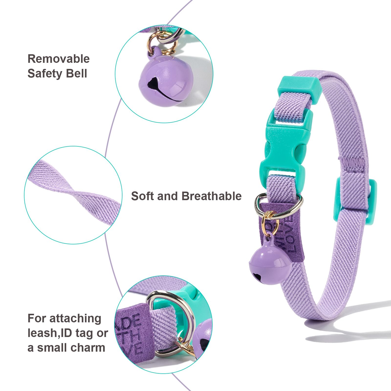 Petiry Elastic Cat Collar with Bell, Non-Breakaway Safety Quick Release, 2-Pack (Light Pink + Light Purple) - Image 3