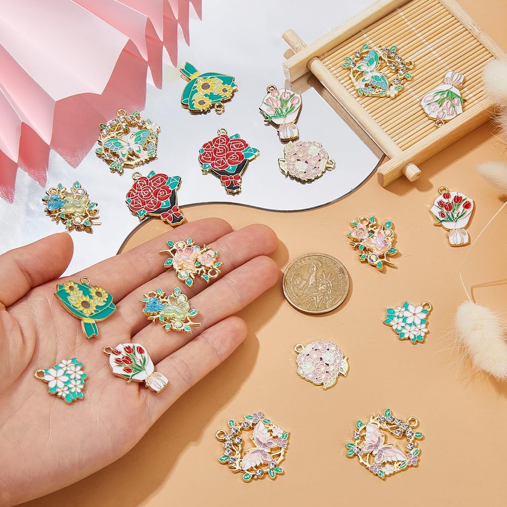 20Pcs 10 Styles Flower Charms Alloy Enamel Floral Pendants Flower Bouquet Enamel Charms Mixed Color for Valentine's Day Jewelry Making Necklace Earring Craft Supplies - Image 3