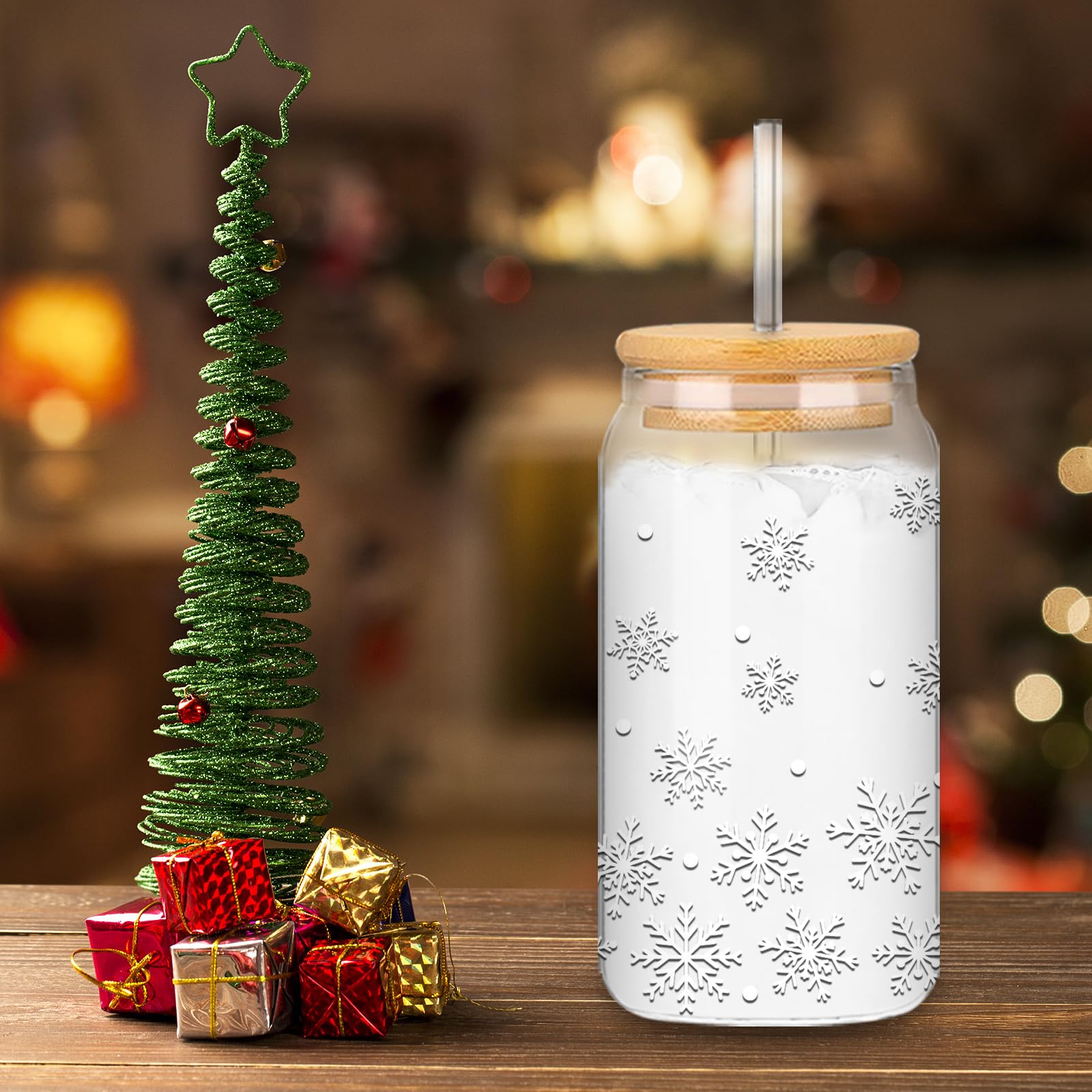 Whaline Lot de 2 verres à boire d'hiver en verre avec couvercle en bambou et paille en verre et brosse de nettoyage pour cocktails, whisky, bière, soda - 473,6 g - Blanc