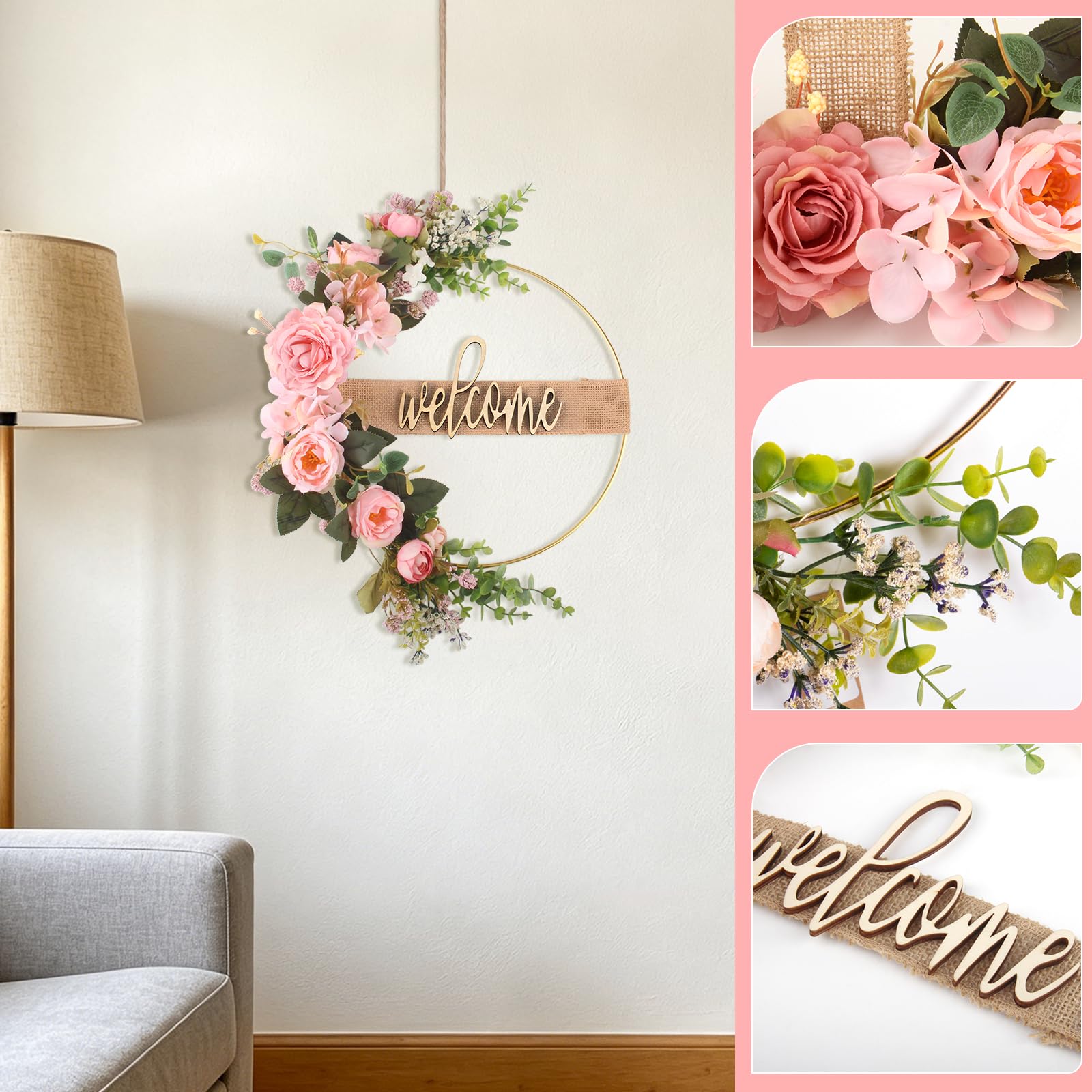 Vaskula Couronne de Porte Décorative Pivoine 40CM Couronne de Fleurs Artificielles Guirlande de Bienvenue pour Portes Salons Chambres à Coucher Murs