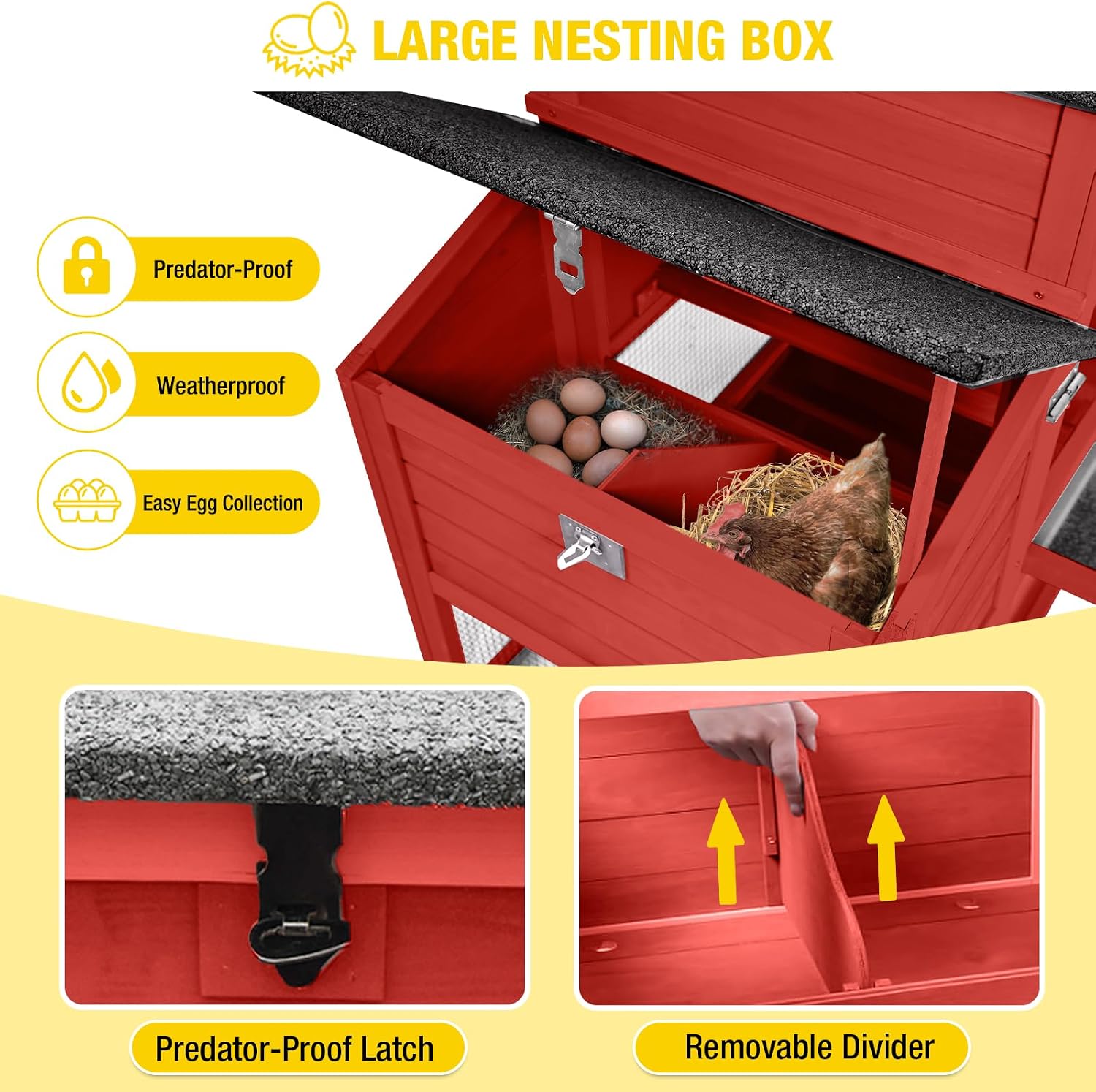 Aivituvin Large Chicken Coop with Wheels, Outdoor Hen House Mobile Poultry Cage with Run, Weatherproof Asphalt Roof, Sectionable Nesting Box, Leakproof Pull-Out Tray for 4-6 Chickens - Red